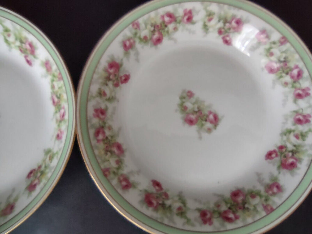Coronet Limoges France 2 x Soup Plate Mint Band Gold Trim Pink Rose (lot 551)