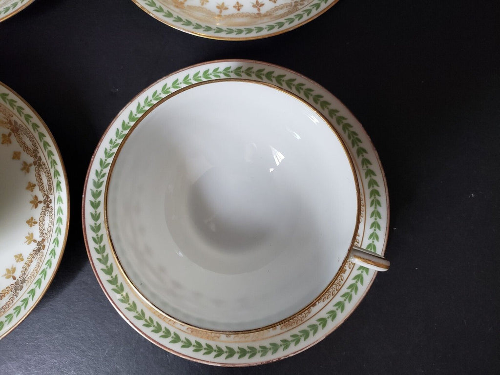 JP Limoges France Gold Trim Green Laurel 4 x Teacup & Saucer (583)