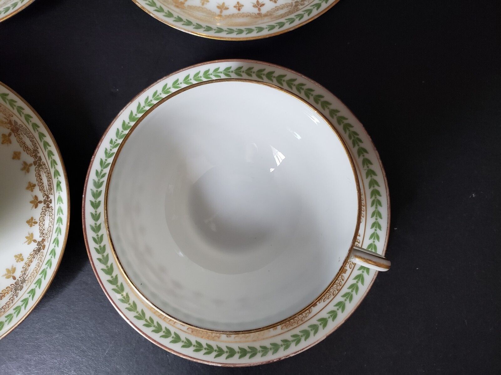 JP Limoges France Gold Trim Green Laurel 4 x Teacup & Saucer (583)
