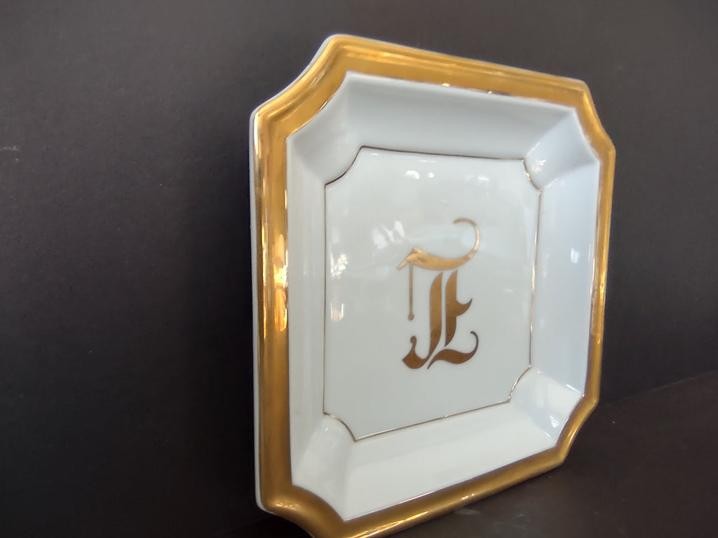 White Gold Trim Vintage Ashtray 8-1/4" x 8-1/4" Monogrammed L (lot 330)