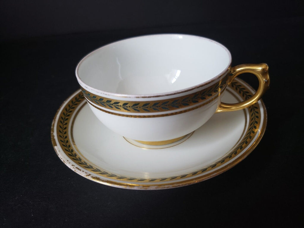 JP Limoges France Gold Trim Green Laurel Teacup & Saucer (lot 600)