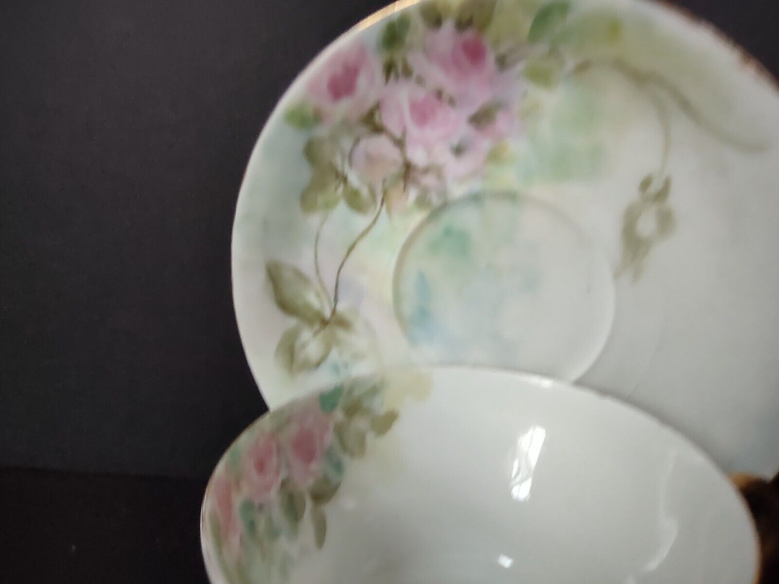 Haviland Limoges Gold Trim Pink Roses Teacup and Saucer IMPERFECT (lot 703)