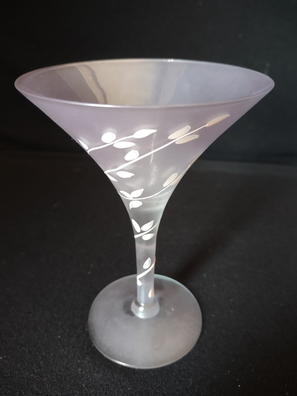 Set of 2 Vintage MCM Frosted Martini Glass Pink Leaves Handpainted (lot 2738)