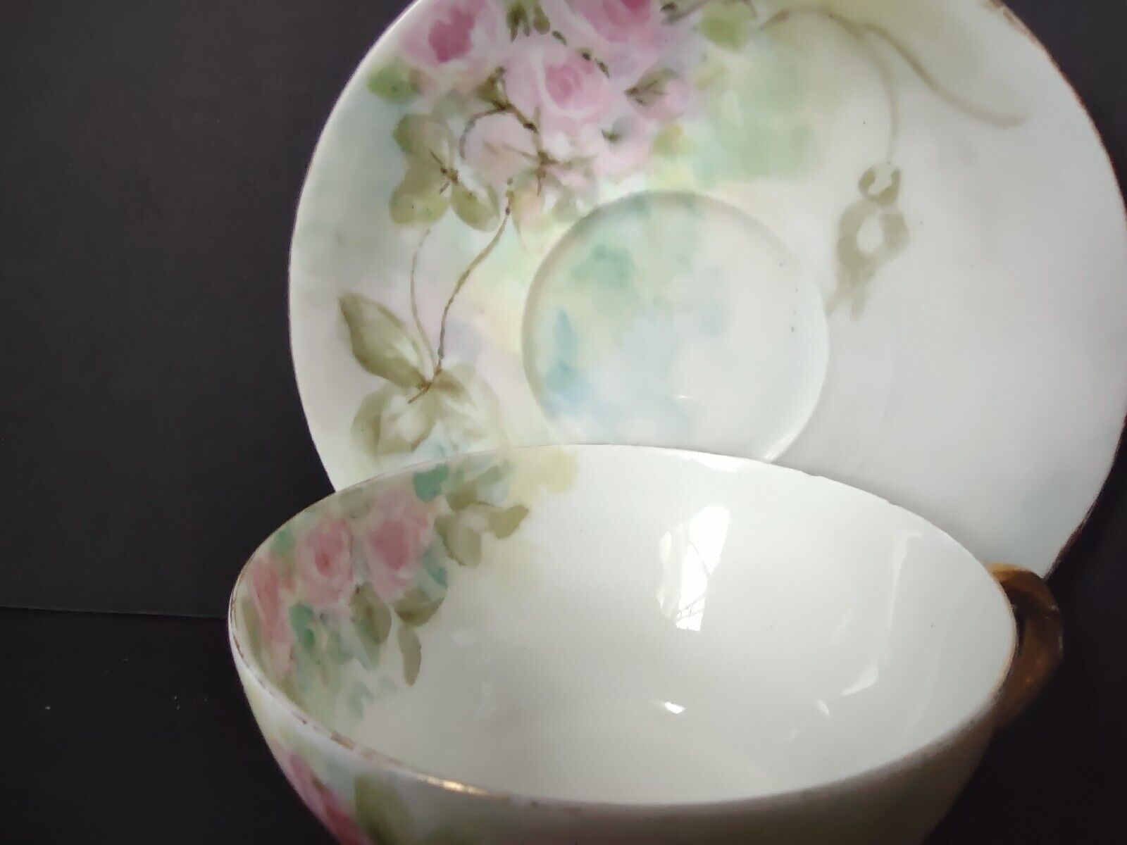 Haviland Limoges Gold Trim Pink Roses Teacup and Saucer IMPERFECT (lot 703)