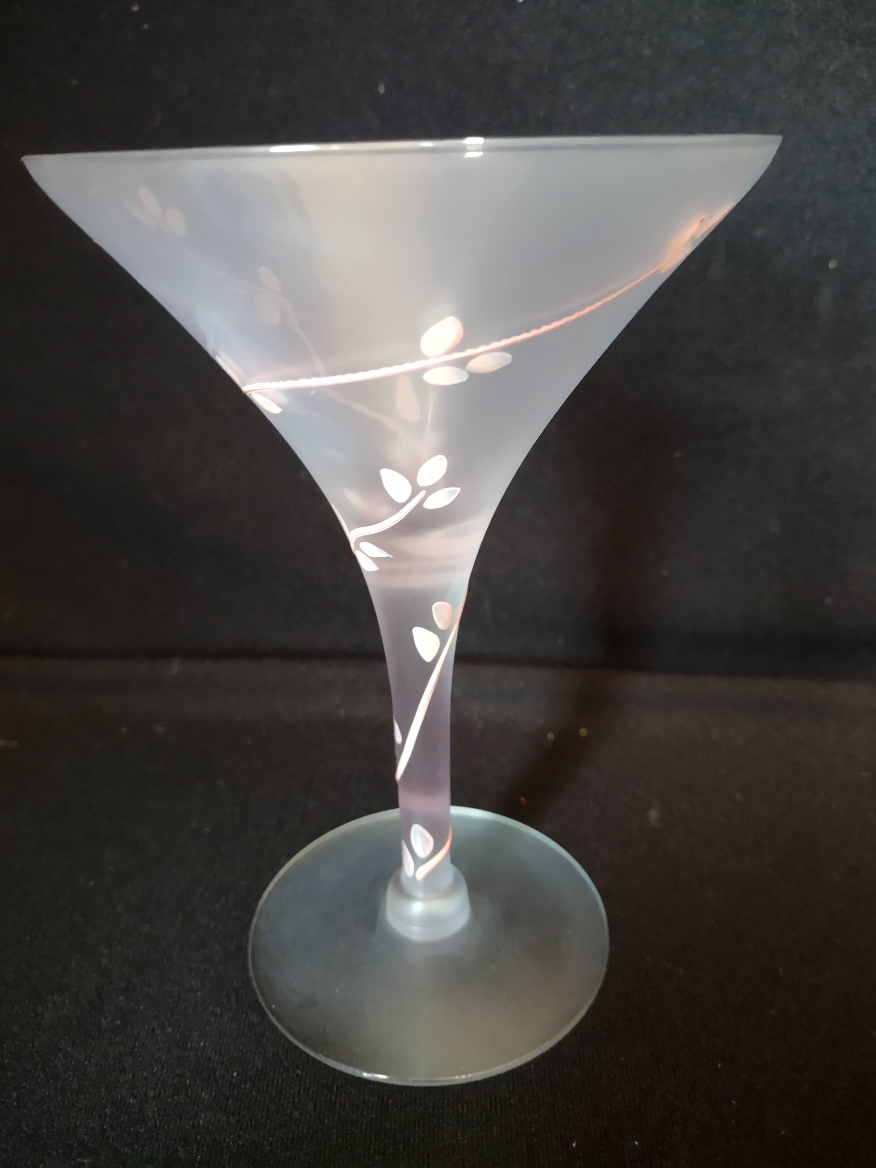 Vintage MCM Frosted Martini Glass Pink Leaves Handpainted (lot 2739)