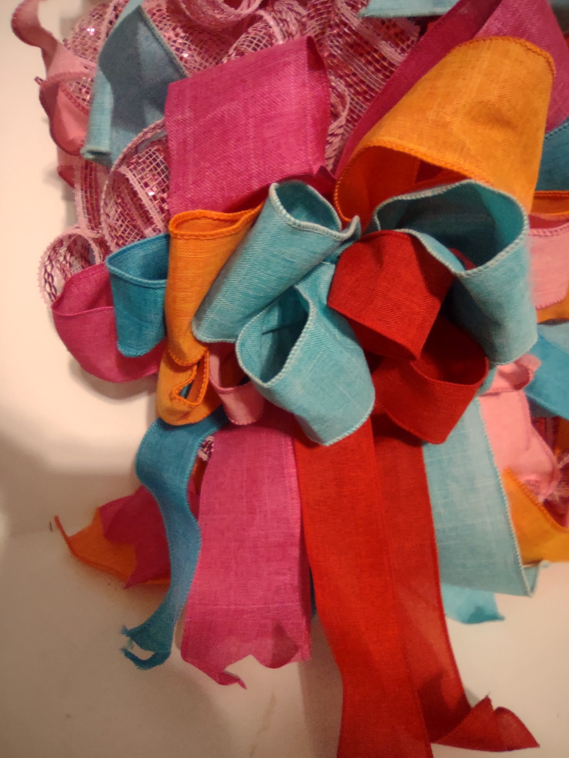 Handmade Christmas Wreath 24" Pink Orange Blue Ribbon Sparkly Snowman (lot 1291)