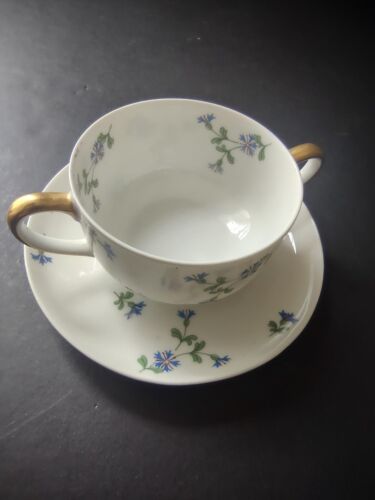 Vintage French Chick GDA Limoges Bouillon Cup & Saucer Blue Flower (lot 764)