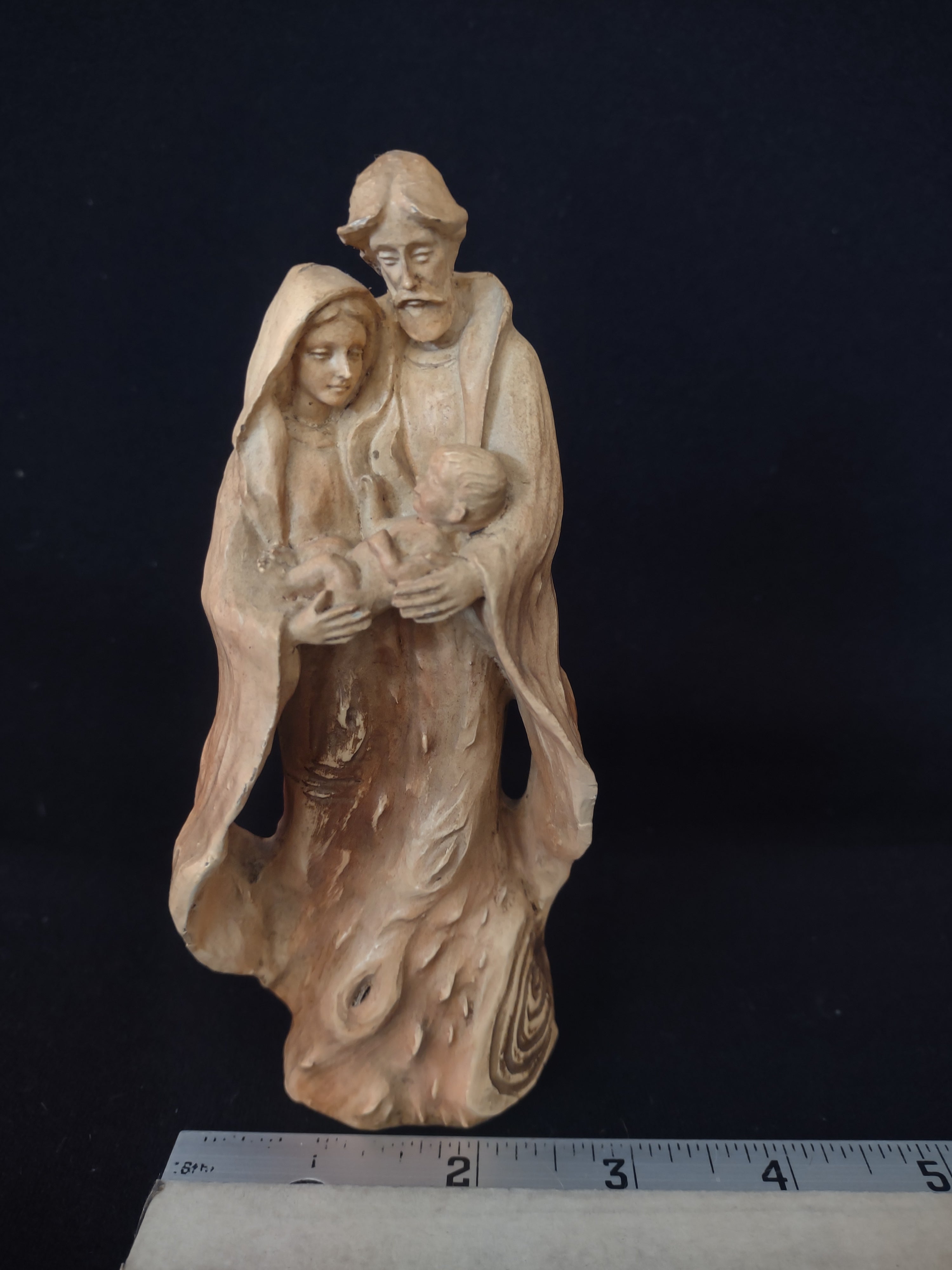Vintage Christmas Small Nativity Wood Look Carving Mary Joseph Baby (Lot 4555)