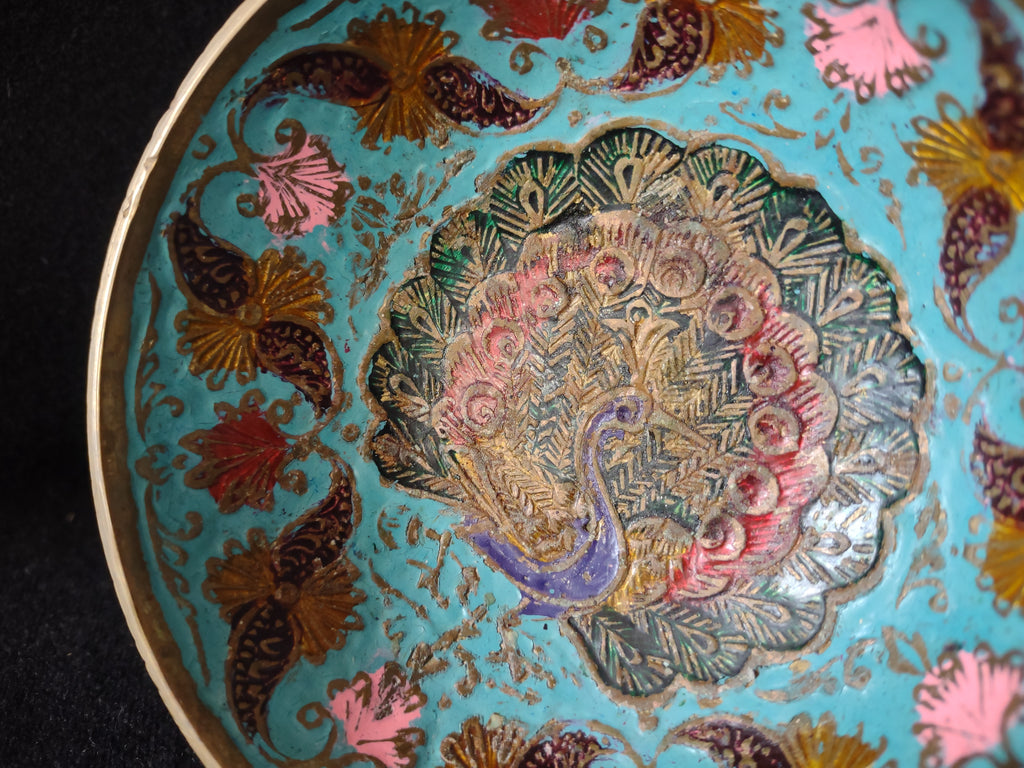 Vintage Metal Enameled Small Footed Bowl Peacock IMPERFECT (lot 5281)