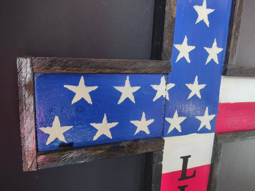 Handmade Patriotic Stars American Wooden Cross 27" x 17" (lot 3378)