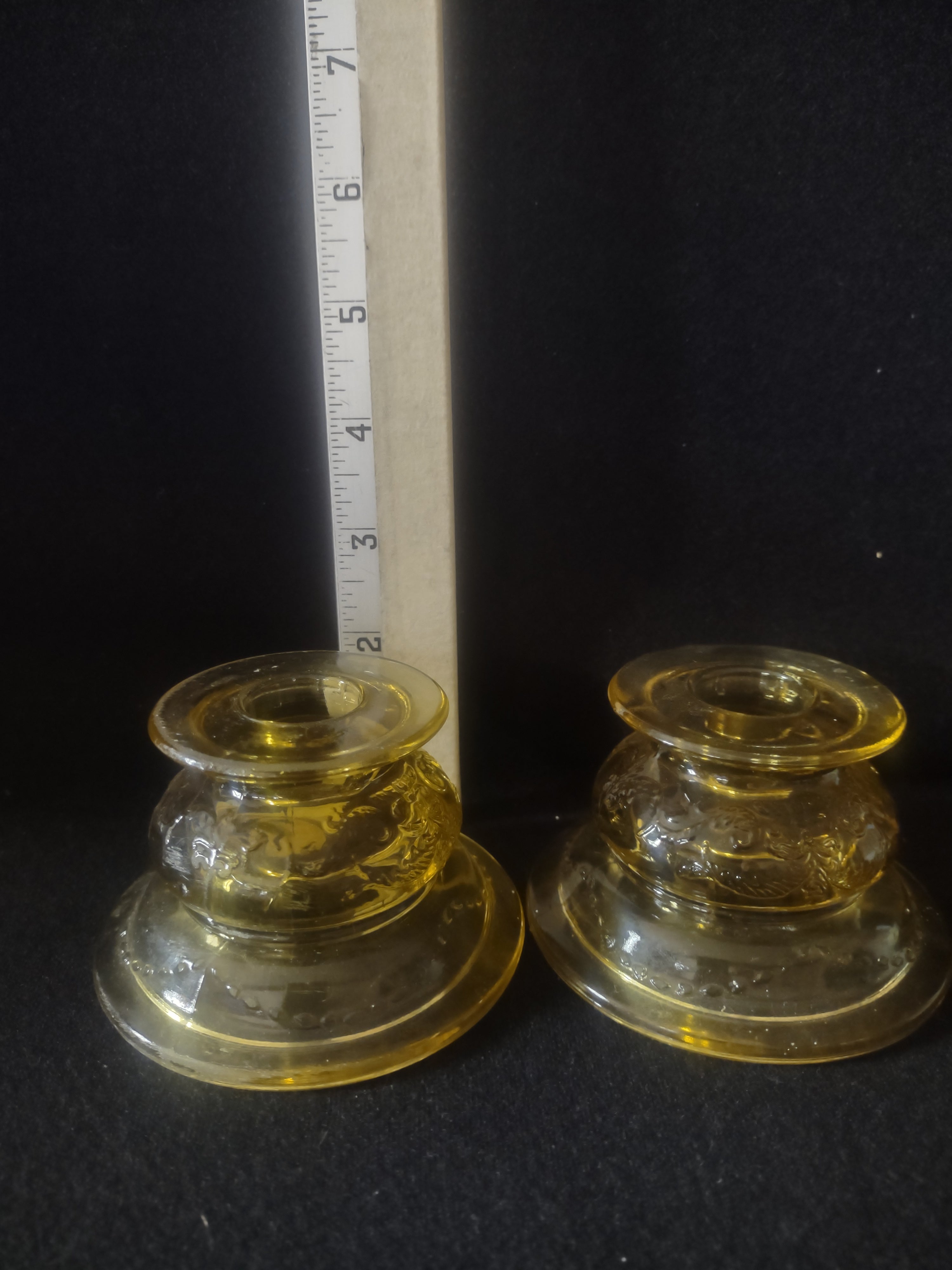 Vintage Federal Depression Glass Madrid Candlestick Holder x 2 Amber (Lot 5309)