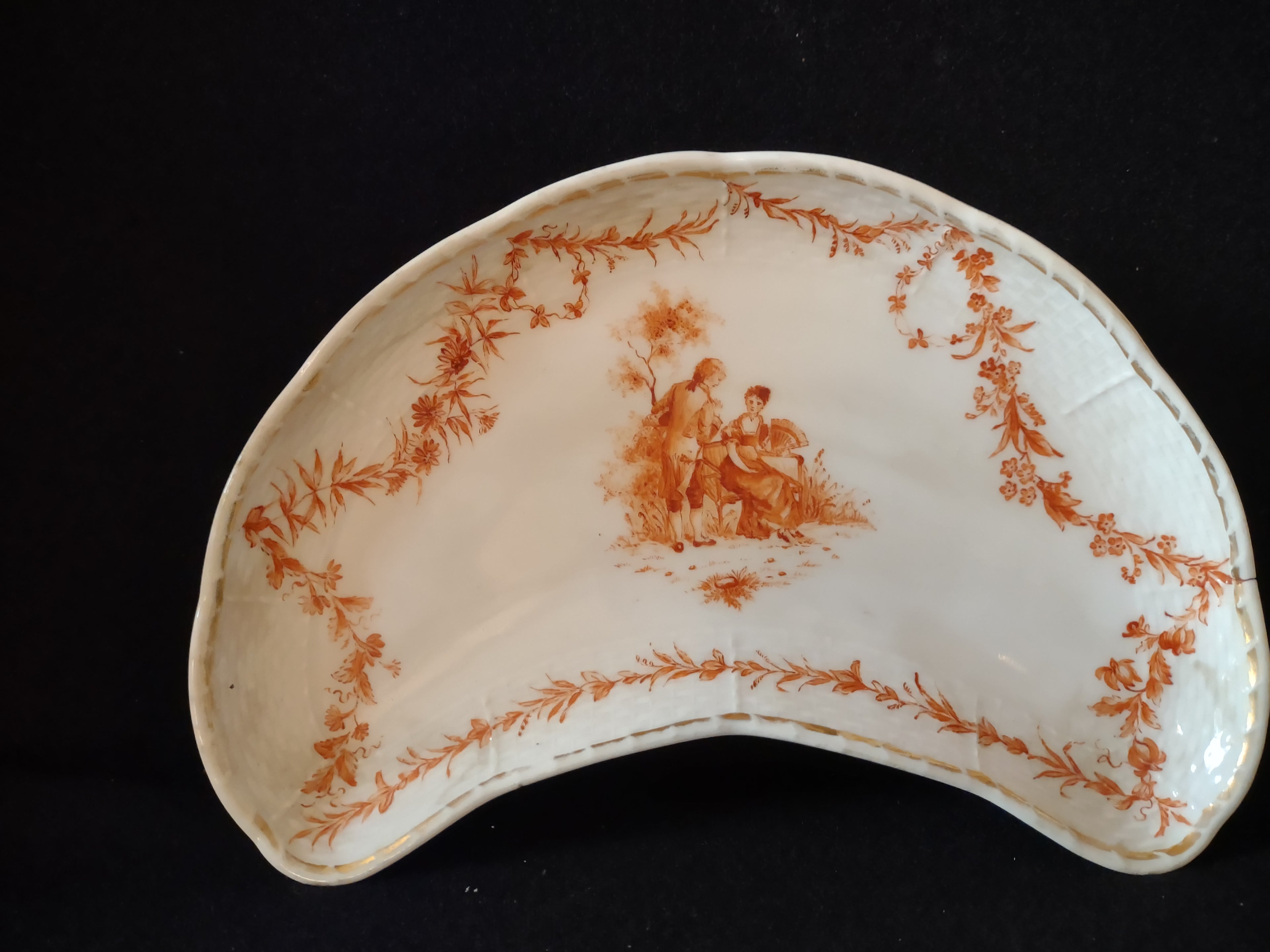 Vintage Salad Plate Large Crescent Shape Gold Trim French Style Cottage(lot 5275