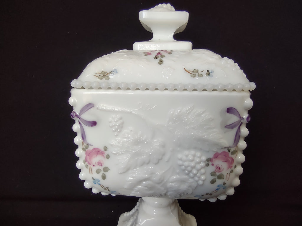 Vintage Westmoreland Milk Glass Vase Grapes Roses Bows (lot 2669c)