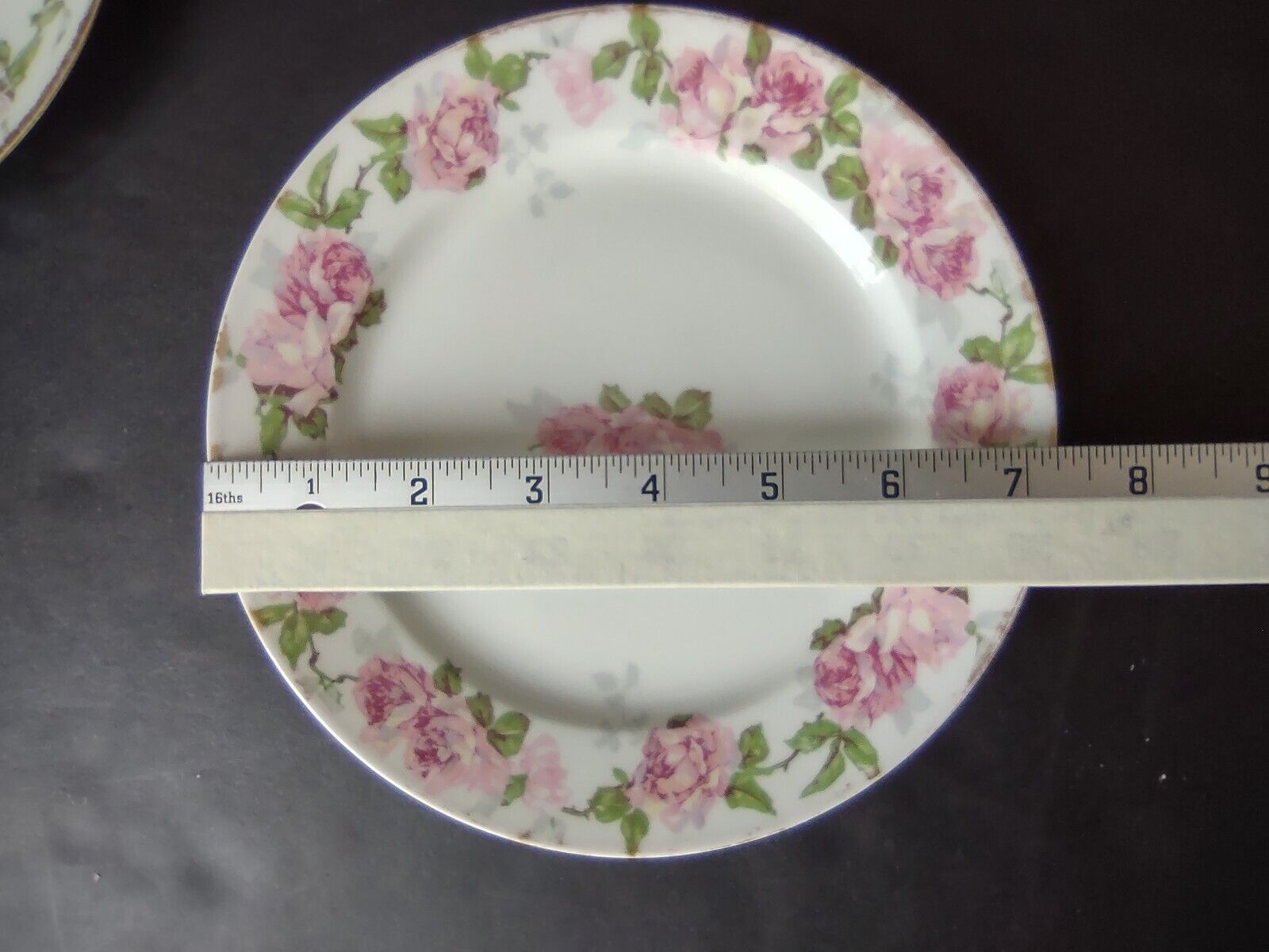 5 x PL Redon Limoges France Large Rose Dessert Plate Gold Trim 7-3/8" (lot 489)