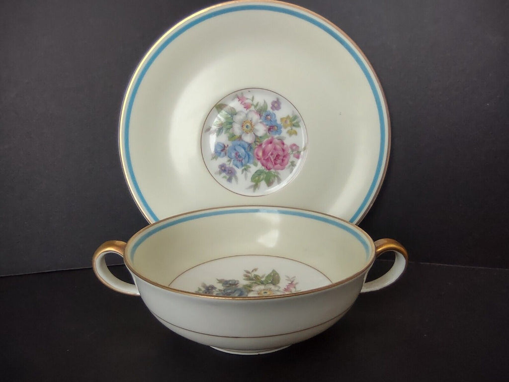 Ahrenfeldt Limoges France Bouillon Cup & Saucer Gold Blue Trim Rose (lot 737)