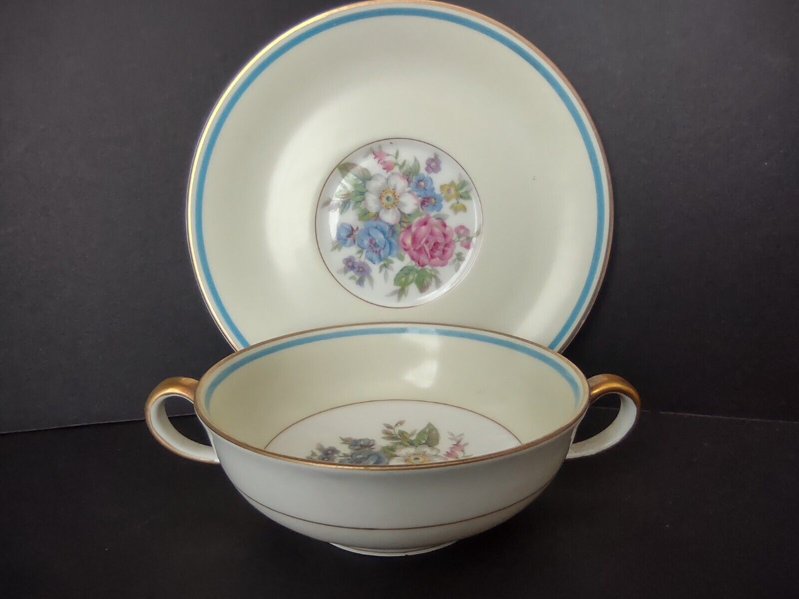 Ahrenfeldt Limoges France Bouillon Cup & Saucer Gold Blue Trim Rose (lot 737)