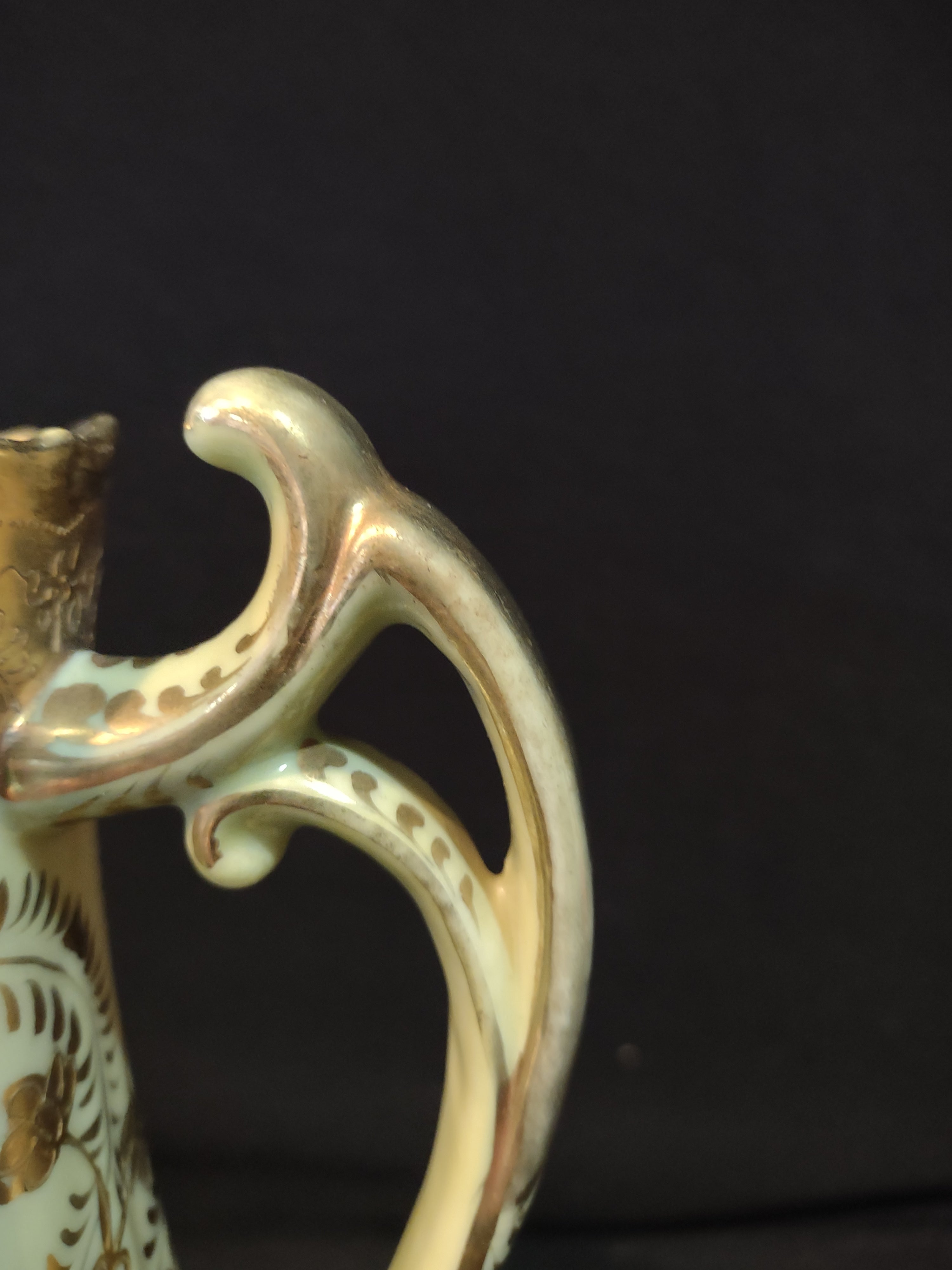 Vintage Ewer Pitcher Lime Golden Trim Floral Design Ornate Handle (Lot 5229)