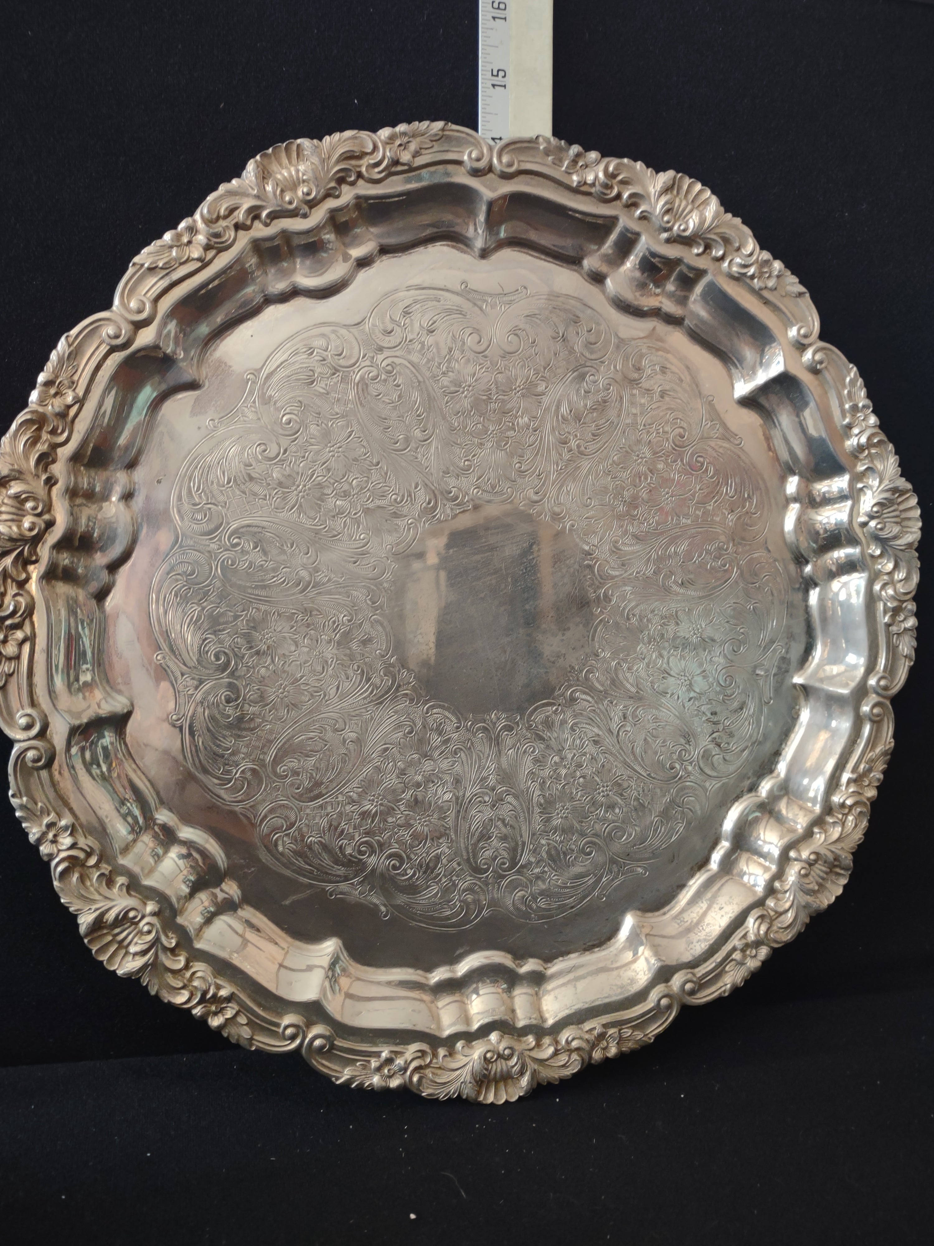 Vintage Silver-Plated Scalloped Edge Filigree 14" Serving Tray Poole (Lot3341
