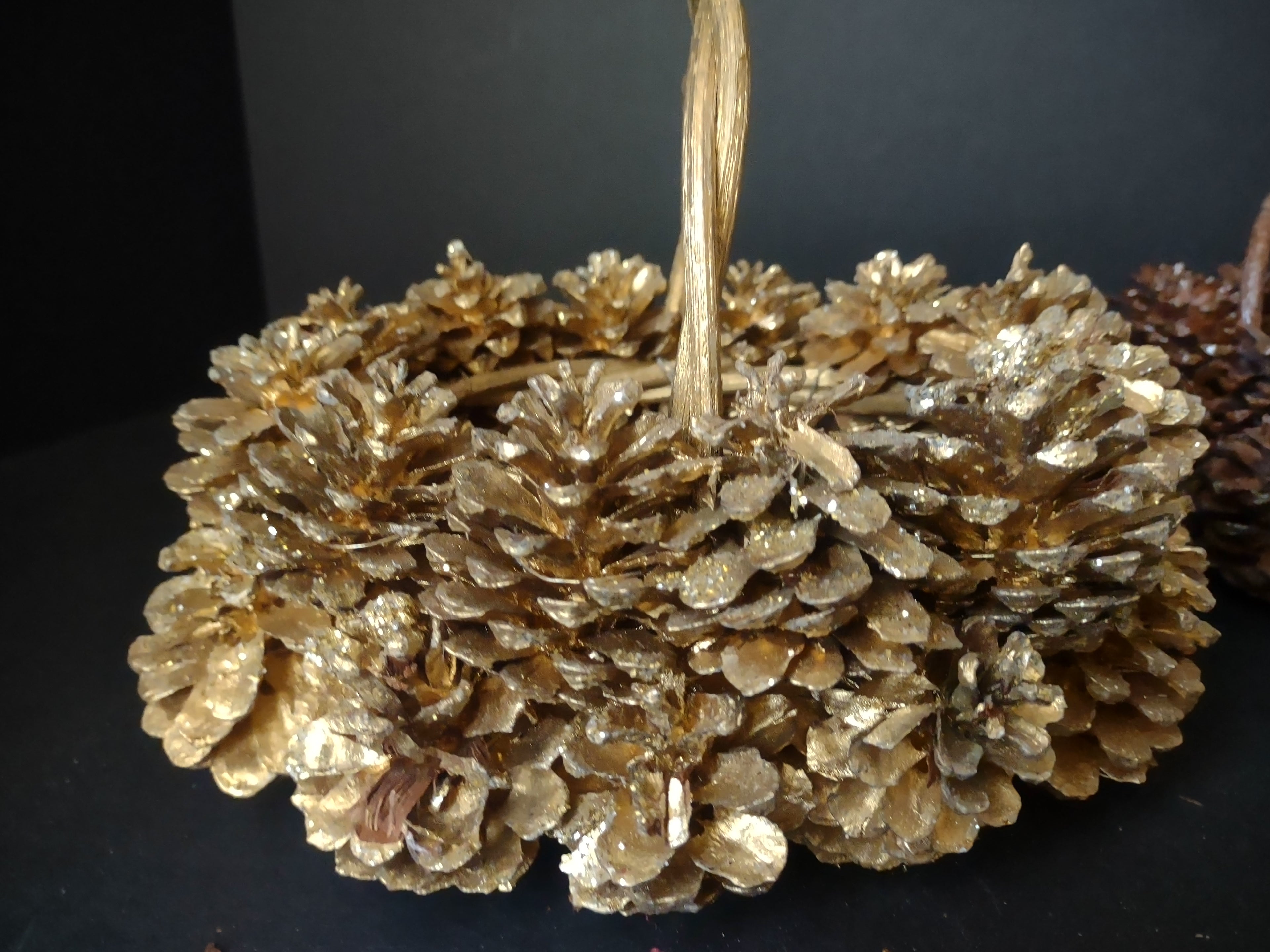 Vintage Christmas Golden Primitive Rustic Pinecone Basket x 2 (lot 1183)