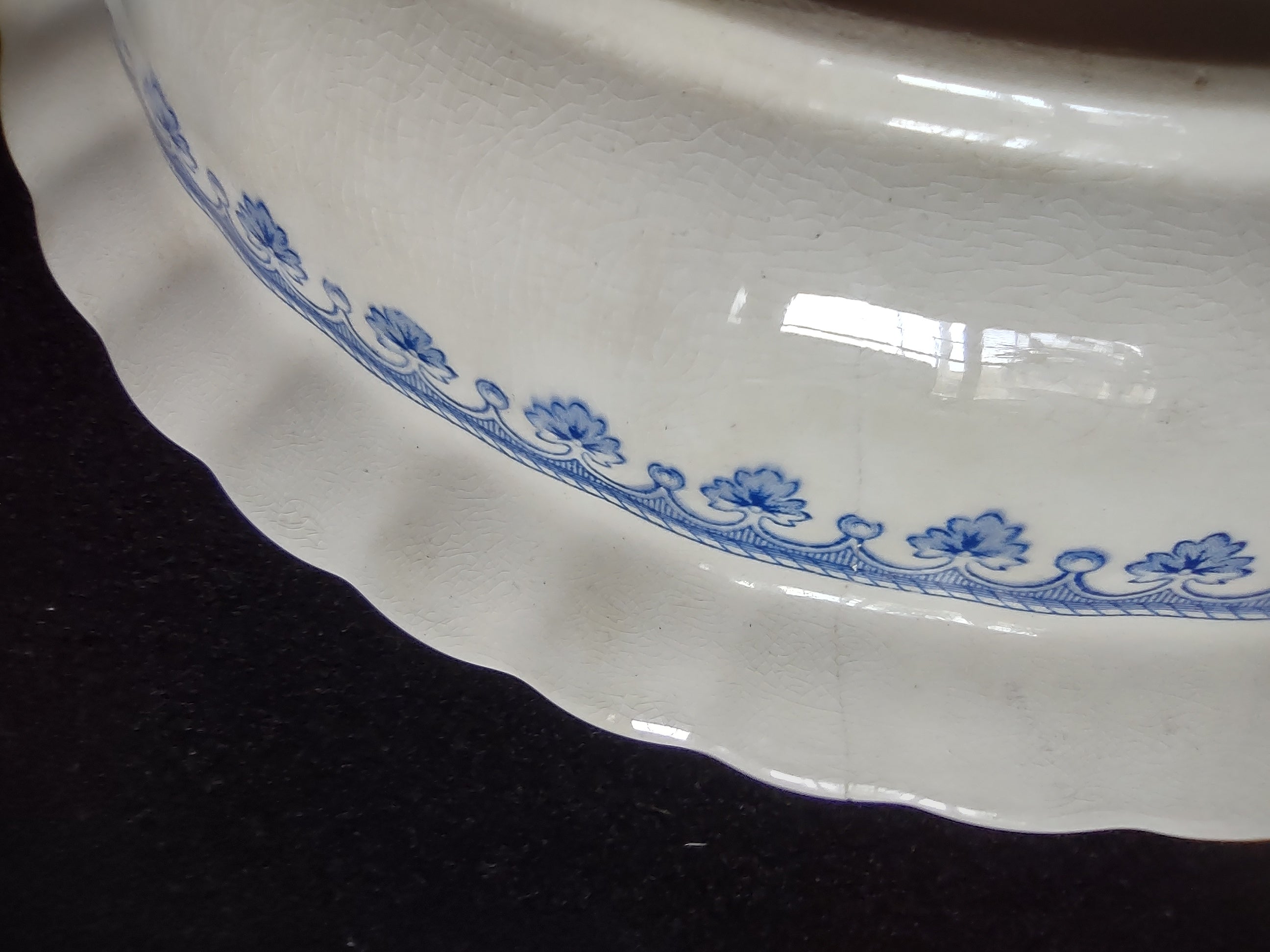 Vintage Spode Oval Serving Bowl Earthenware Blue White Fleur-De-Lis (Lot 5756)