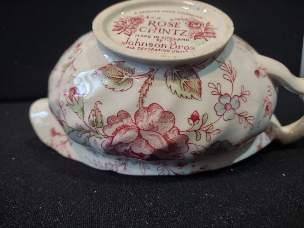 Vintage Gravy Boat Rose Chintz Johnson Bros England Red Stamp (lot 5690)