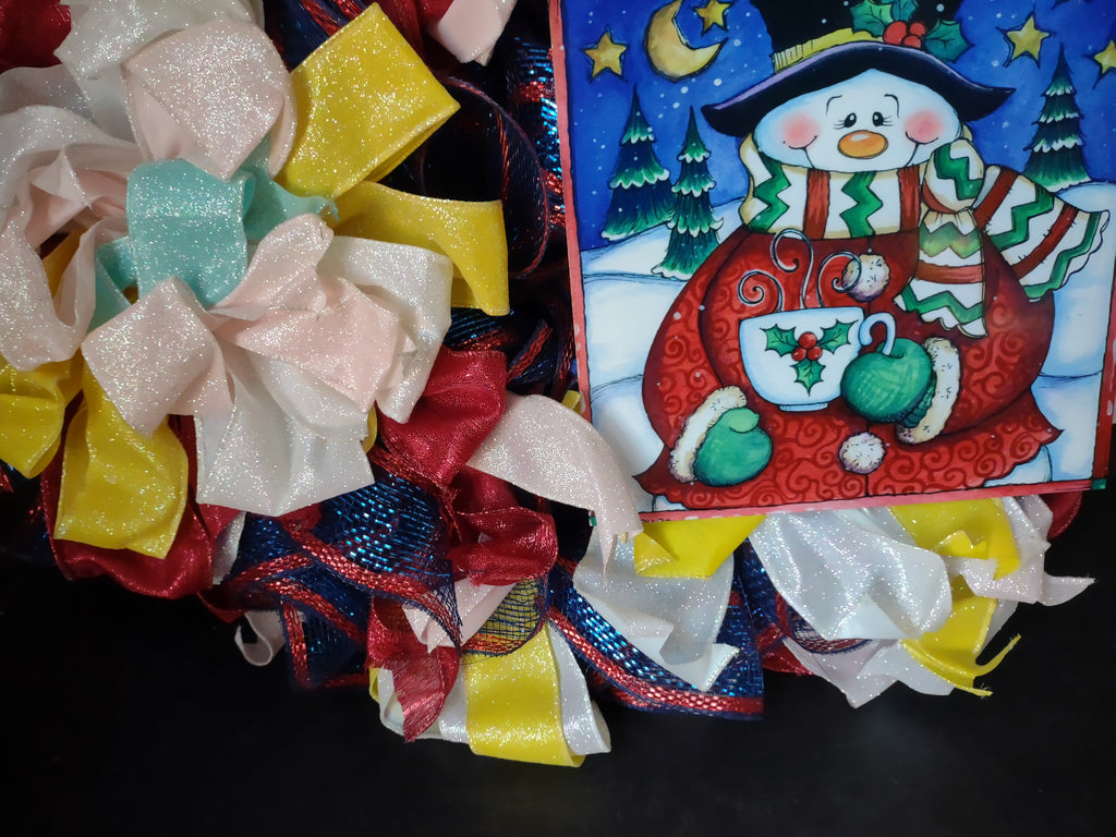 Handmade Christmas Wreath Red Blue White Sparkly Ribbon Snowman 20" (lot 1292)