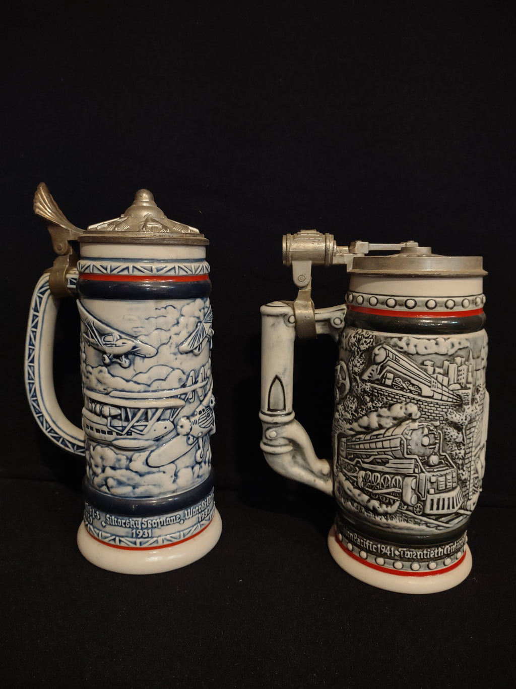 Vintage Collectible Set 2 Tankard Beer Stein Avon Train Airplane (lot 2536j)