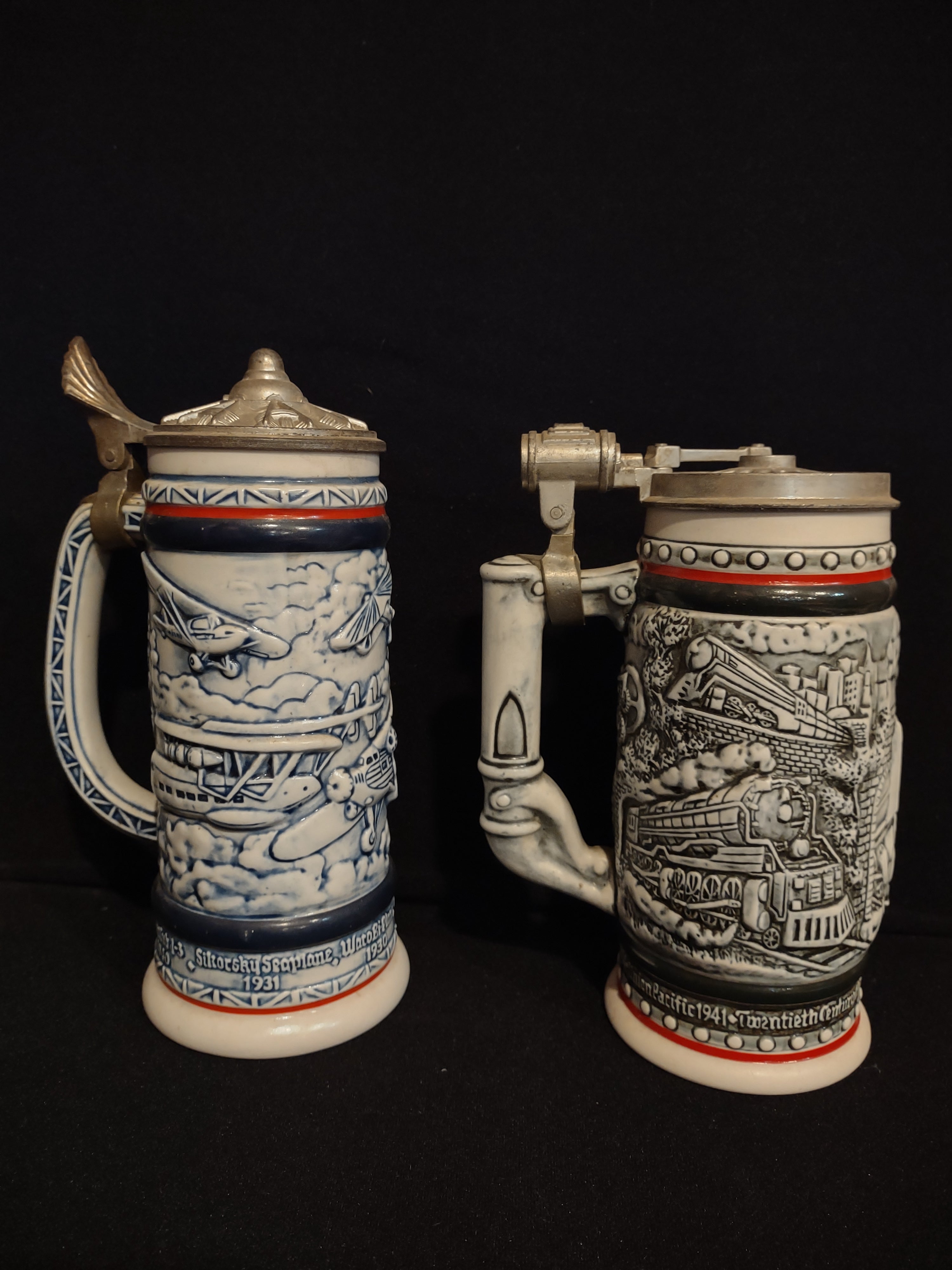 Vintage Collectible Set 2 Tankard Beer Stein Avon Train Airplane (lot 2536j)