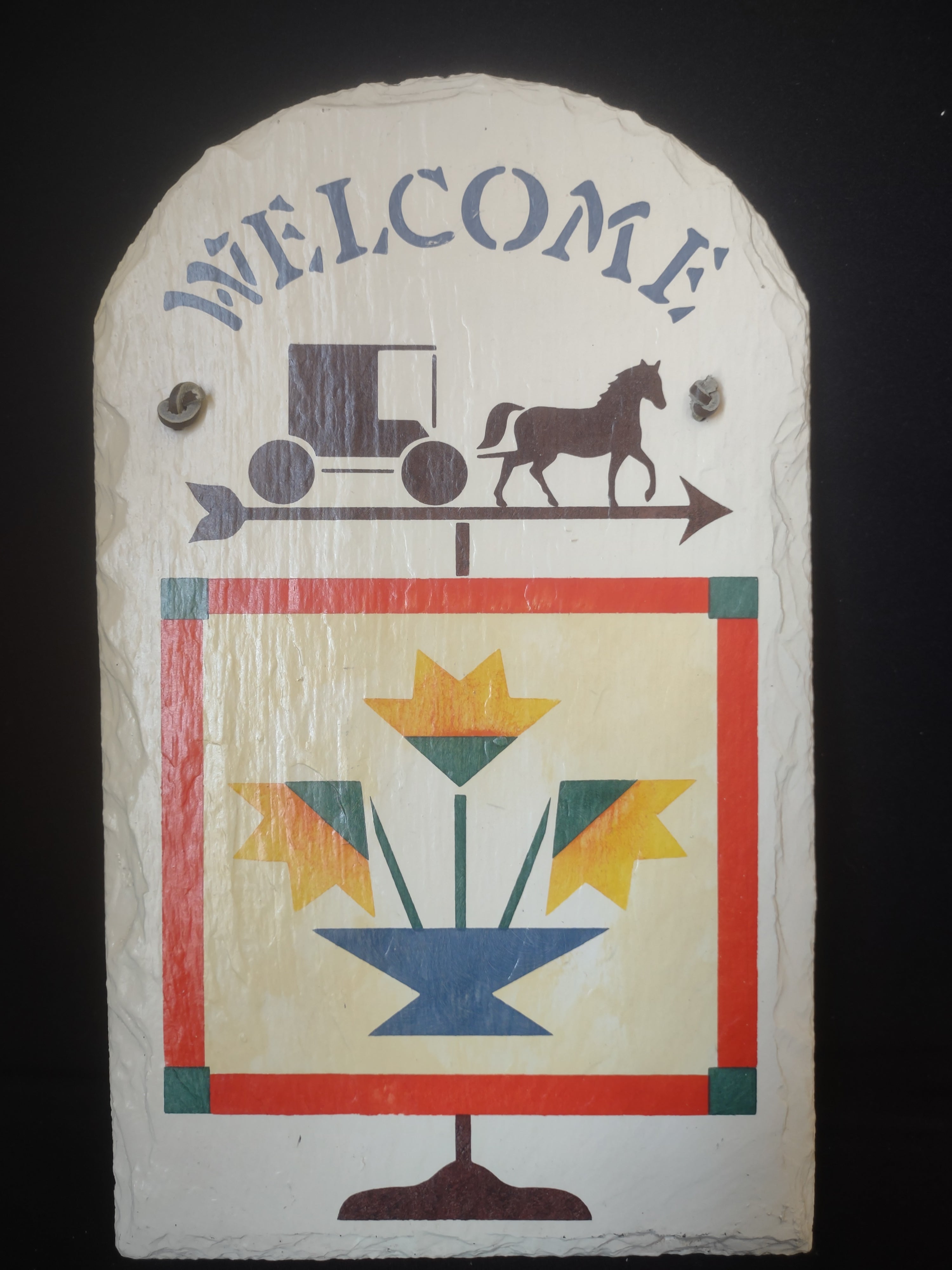 Vintage Slate Stone Painted Welcome Horse with Buggy Sign 13" x 8" (lot 2684c)