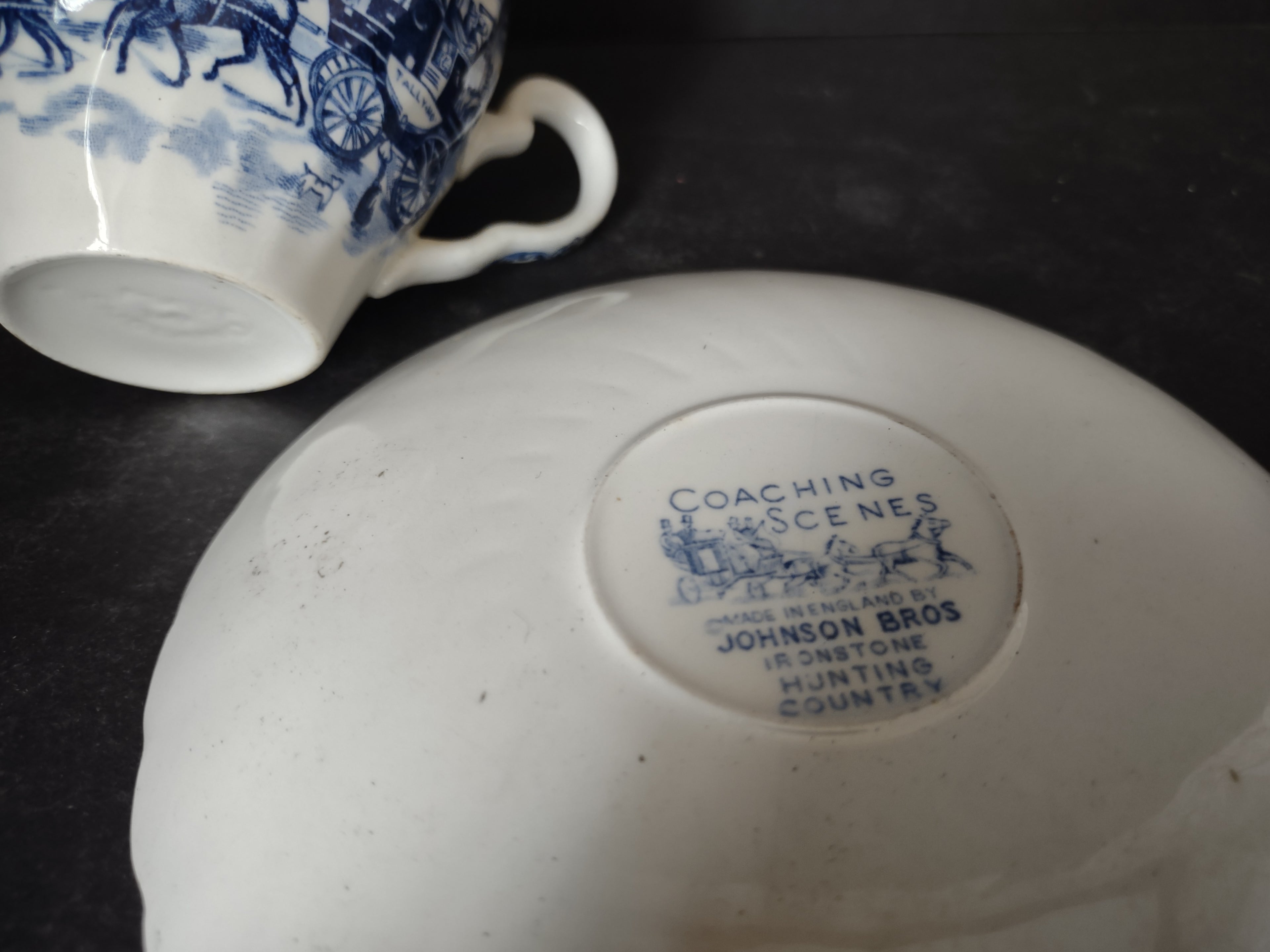 Vintage Ironstone Coaching Scenes Johnson Bros Teacup Saucer x 2 (lot 5560)