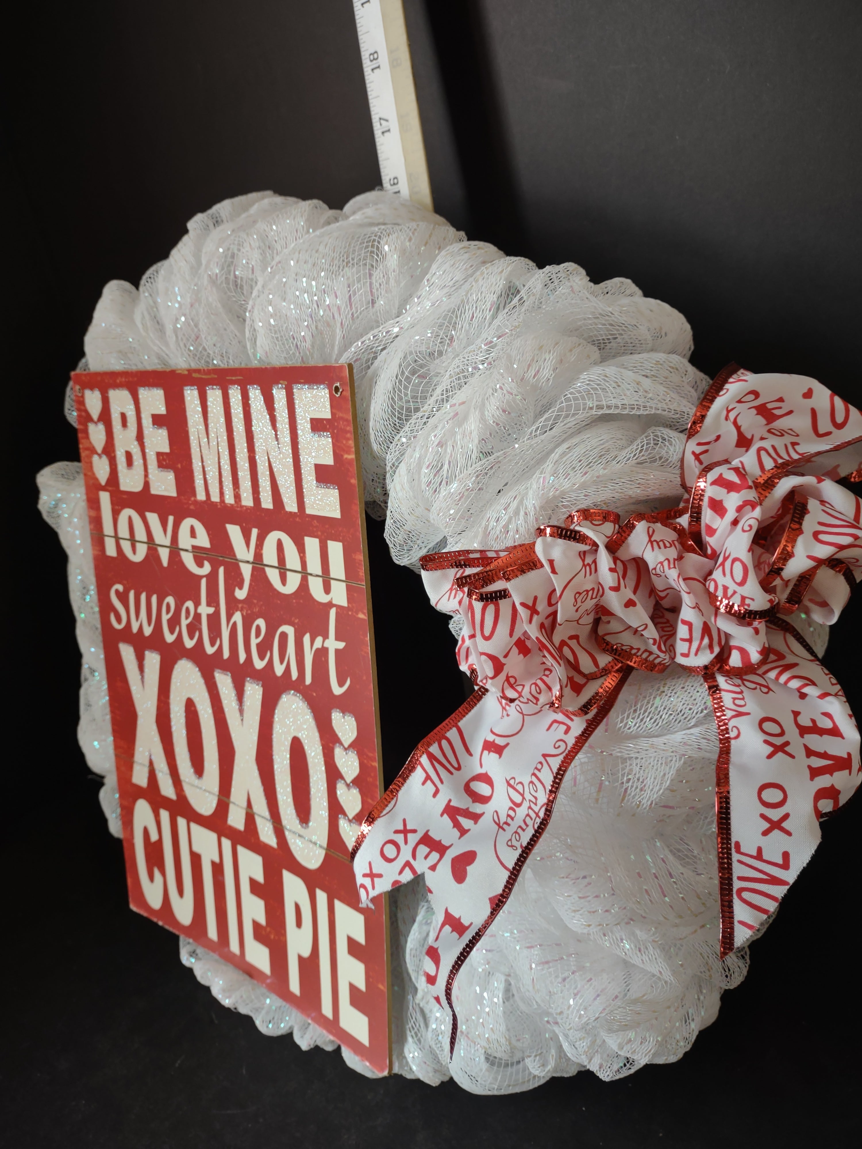 Valentine's Day Ribbon Mesh Handmade White 16" Wreath with Red Bow (lot 4763)