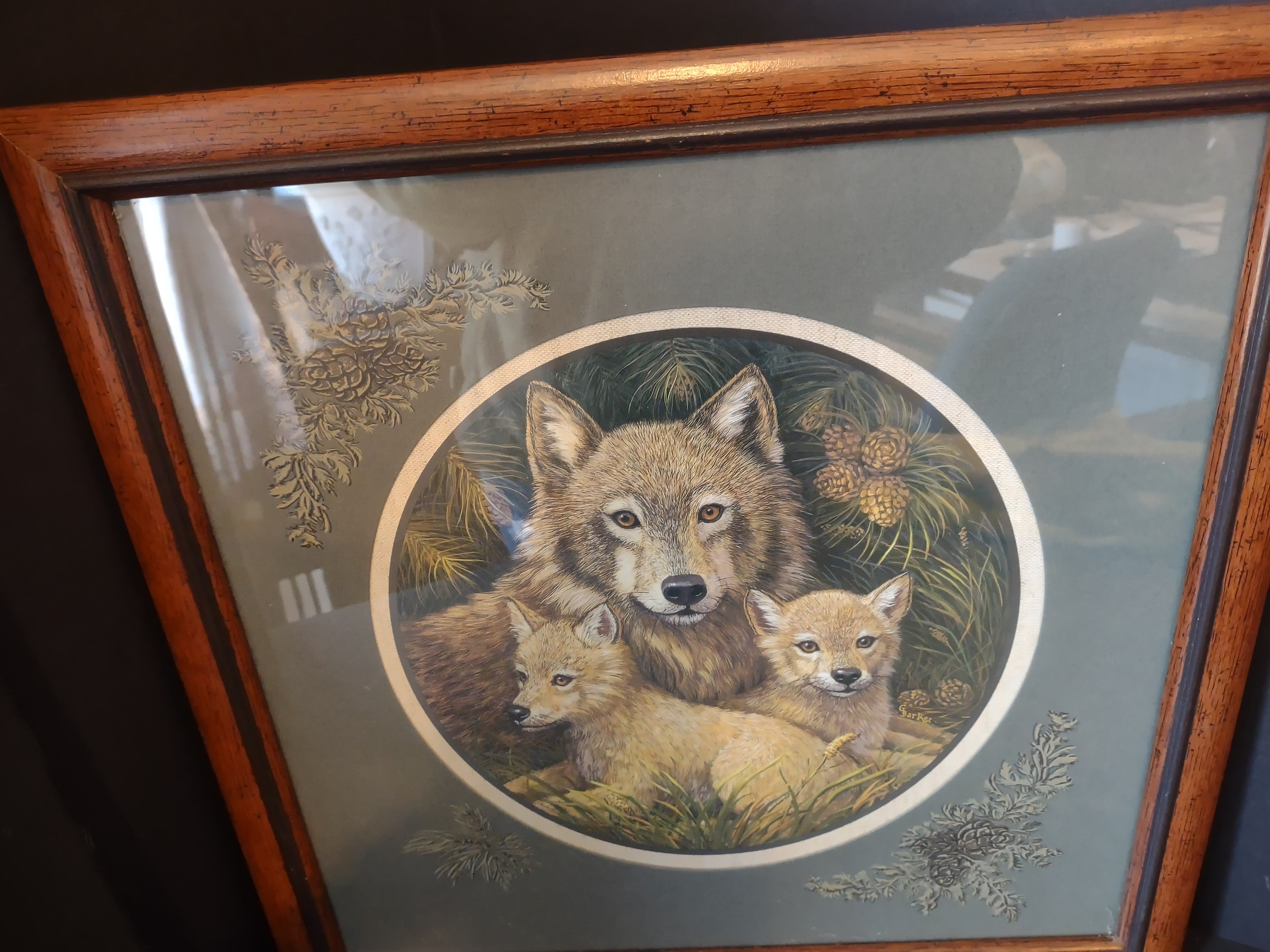 Vintage Home Interiors Print Picture Wolf with Pups 17"x17" (lot 2623c)