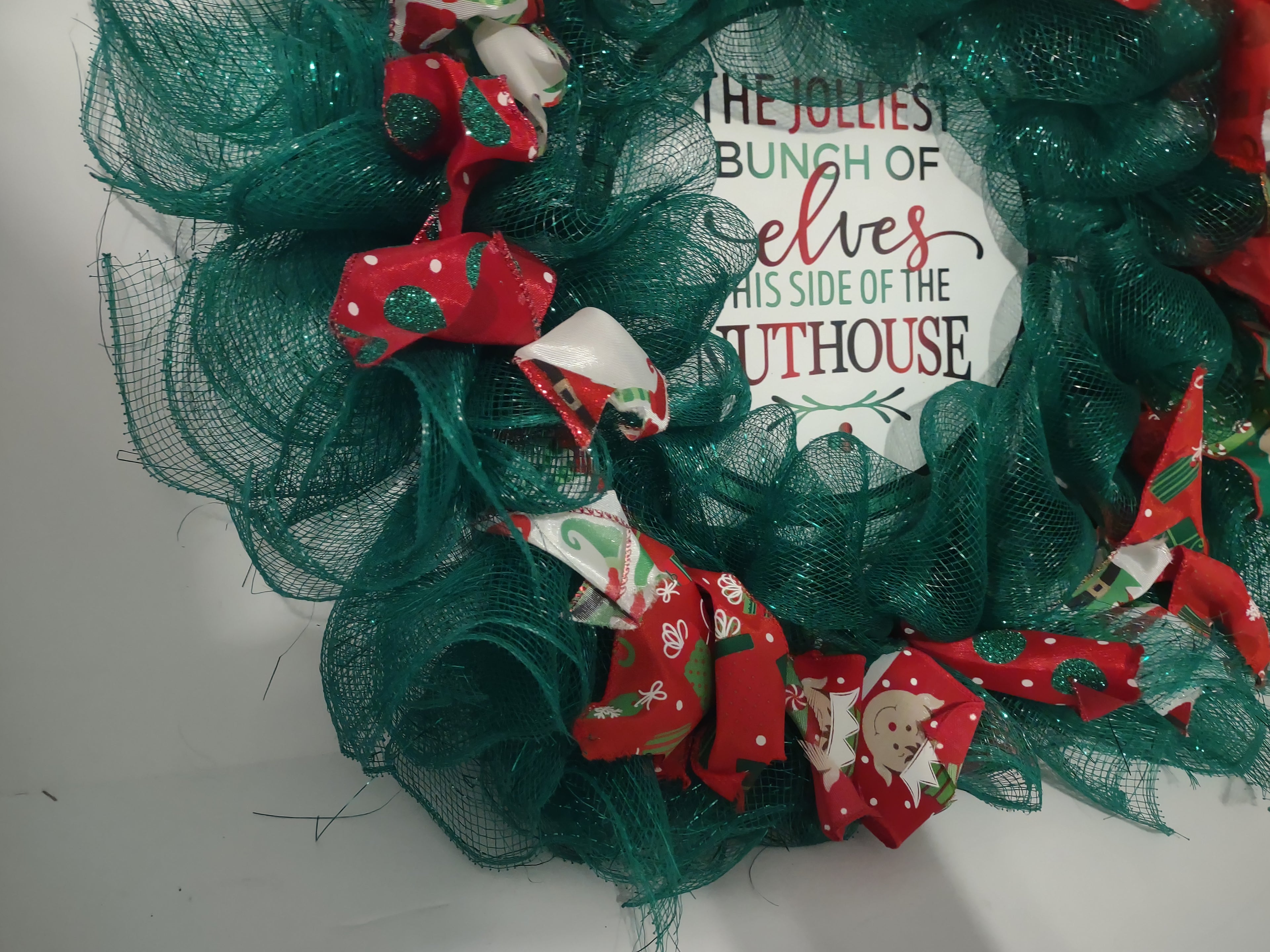 Handmade Christmas Wreath Green Red Ribbon Elf Elves Nuthouse 20" (lot 1293)