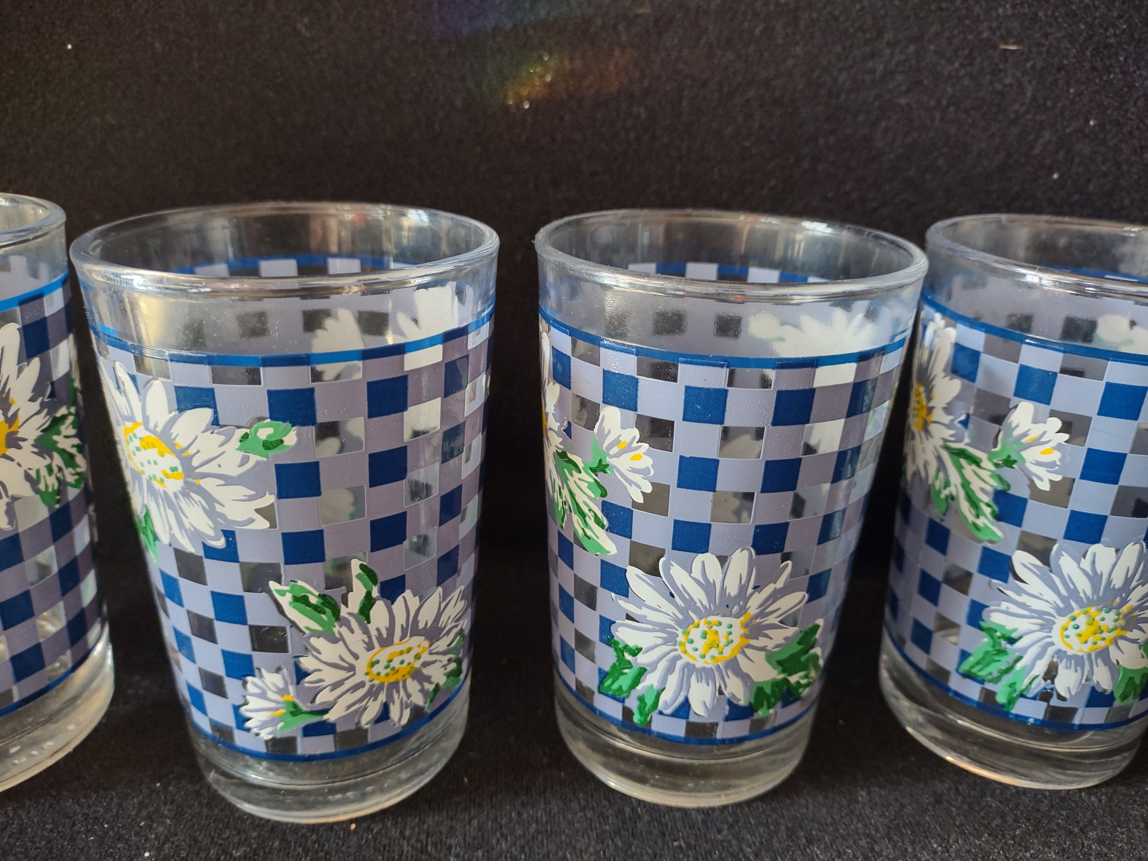 Vintage Indonesia Daisies Blue Checkered Juice Glass x 5 (lot 5171)