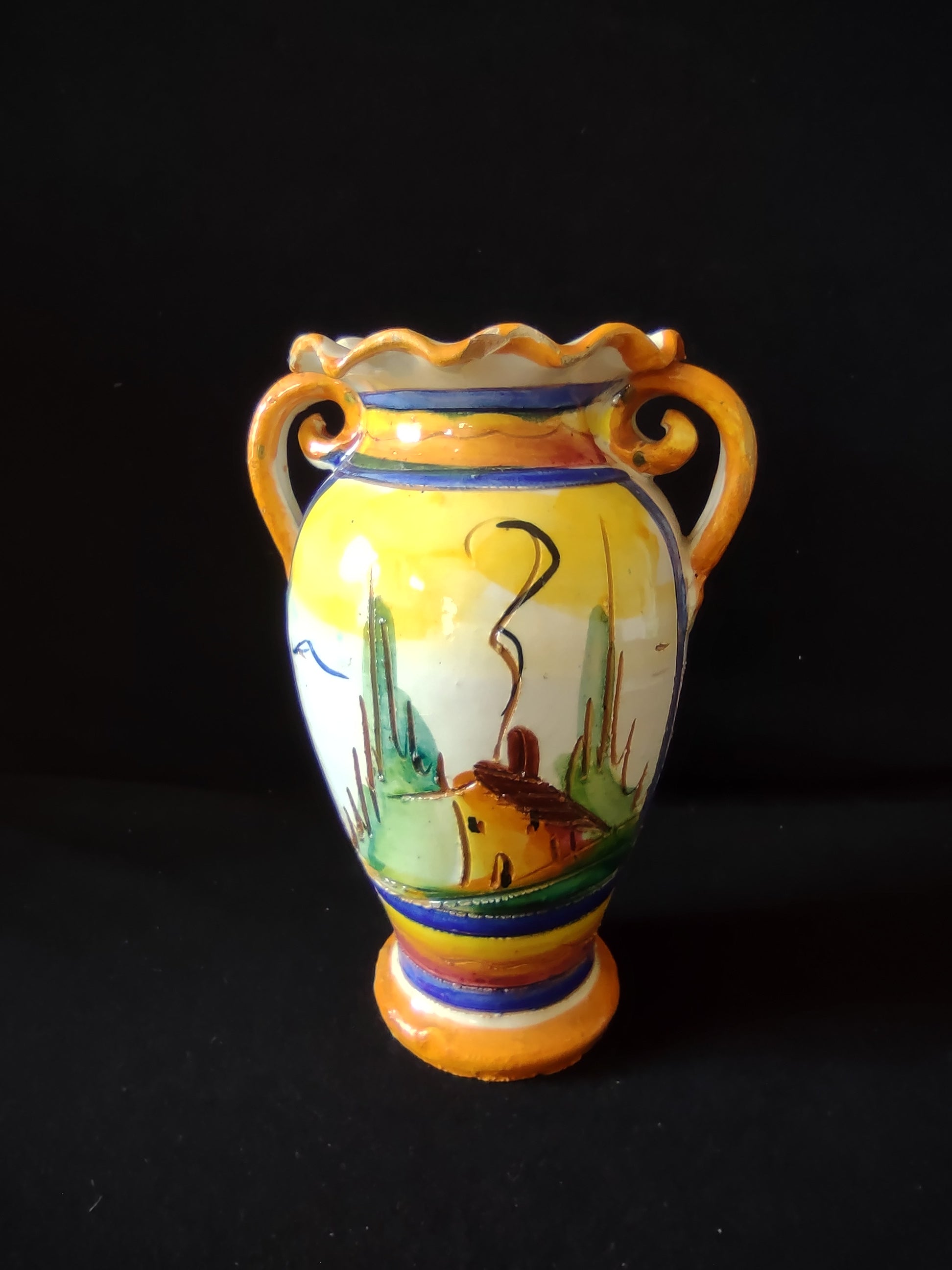 Vintage Ceramic Italy Small 8" Vase Floral Village House (lot 5289)