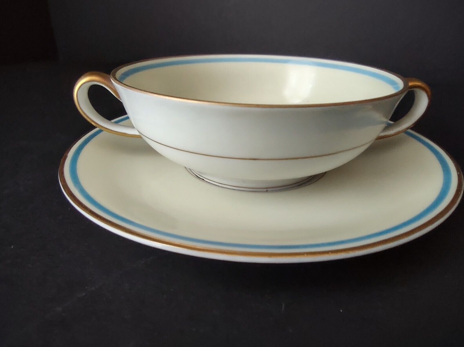 Ahrenfeldt Limoges France Bouillon Cup & Saucer Gold Blue Trim Rose (lot 737)