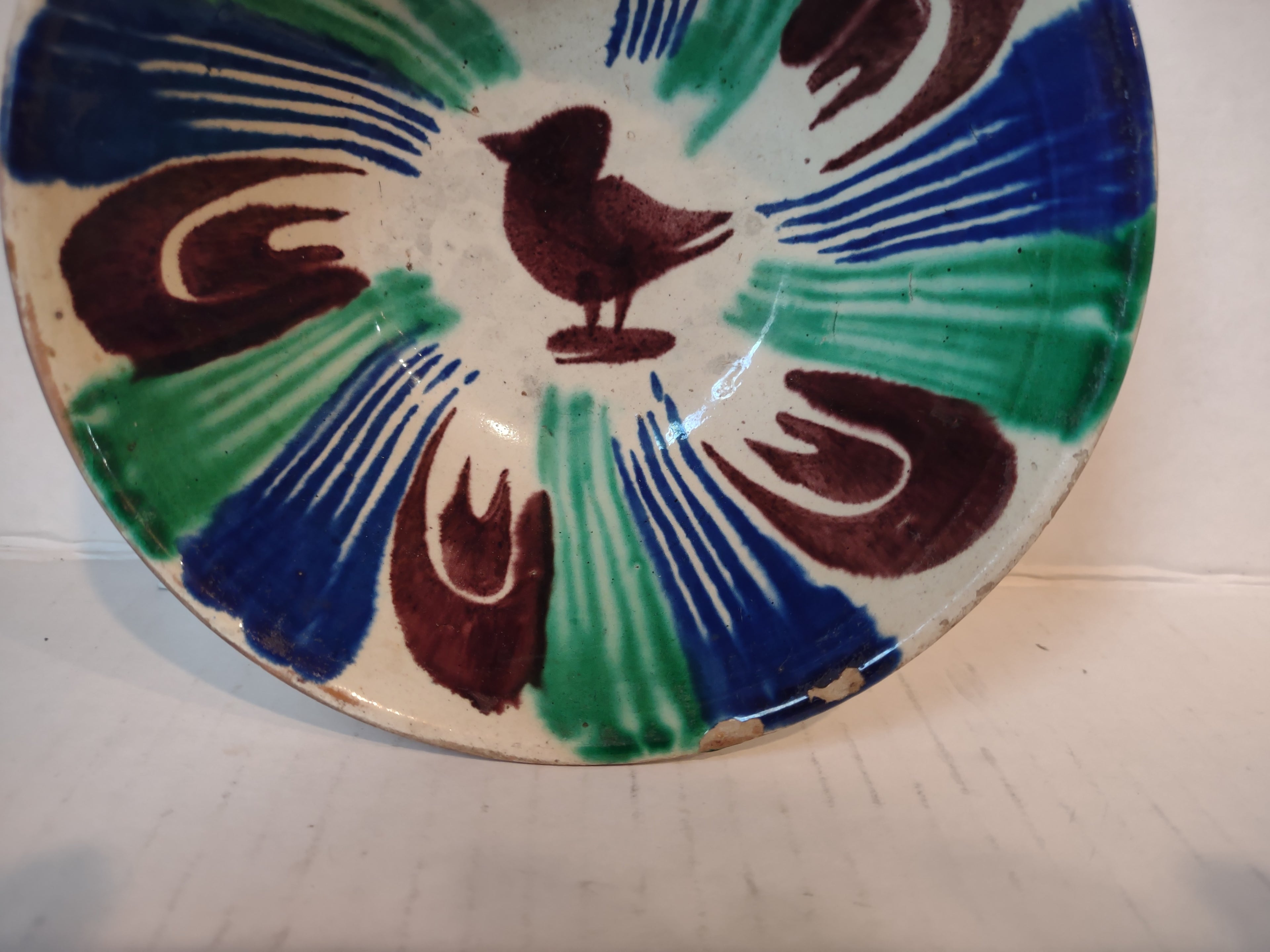 Vintage Stoneware Mexico Small Bowl Green Cobalt Blue Green Bird (lot 5341)