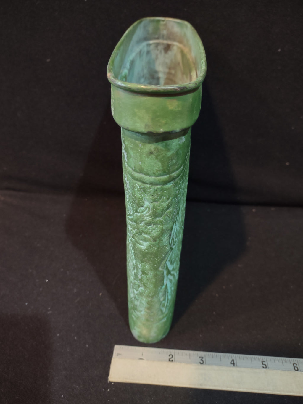Vintage Rectangular Metal Planter Green Finish Embossed Floral India (Lot 5335)