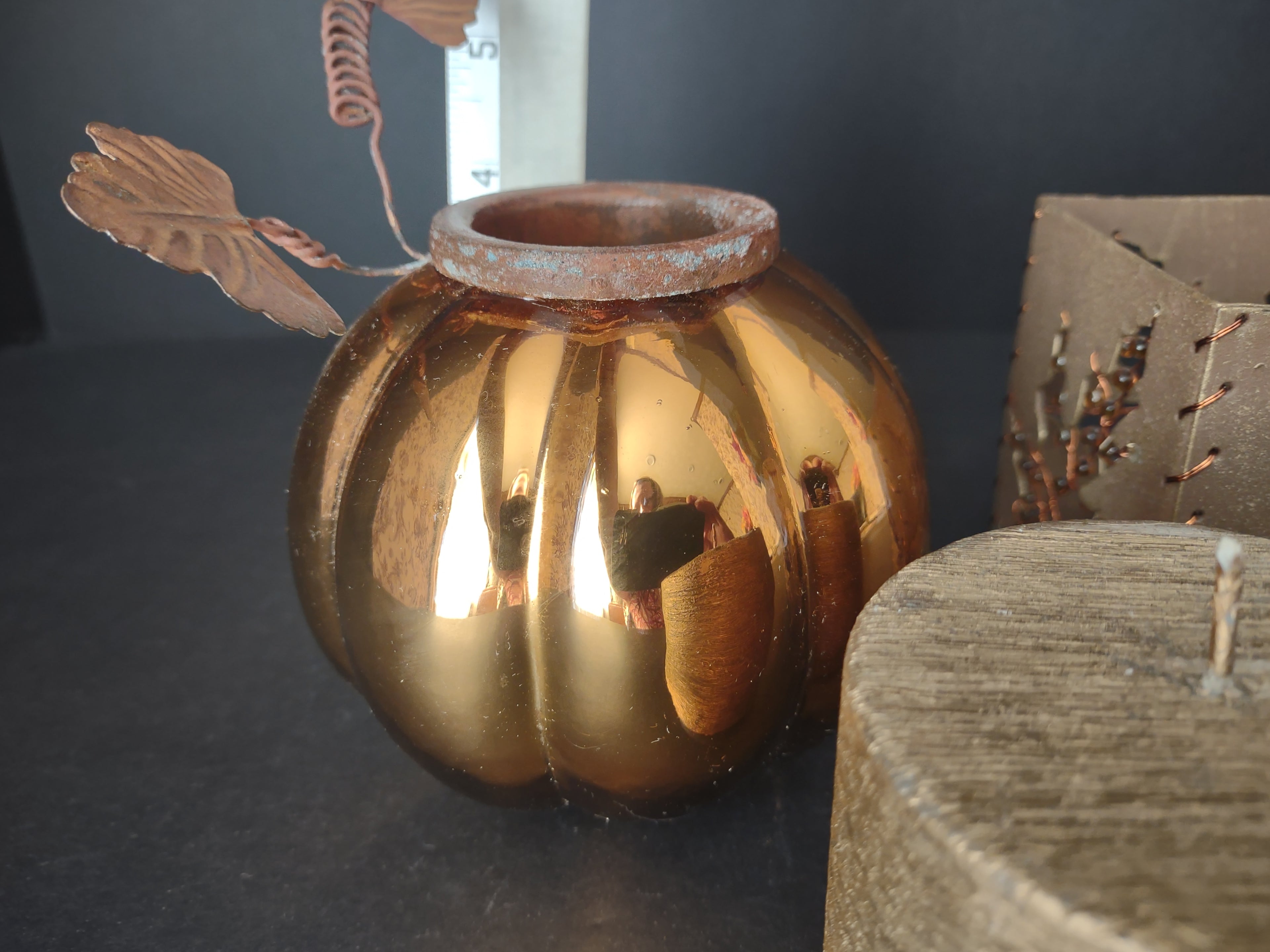 Halloween Fall Thanksgiving Glass Candle Holder and Candle (lot 1191)