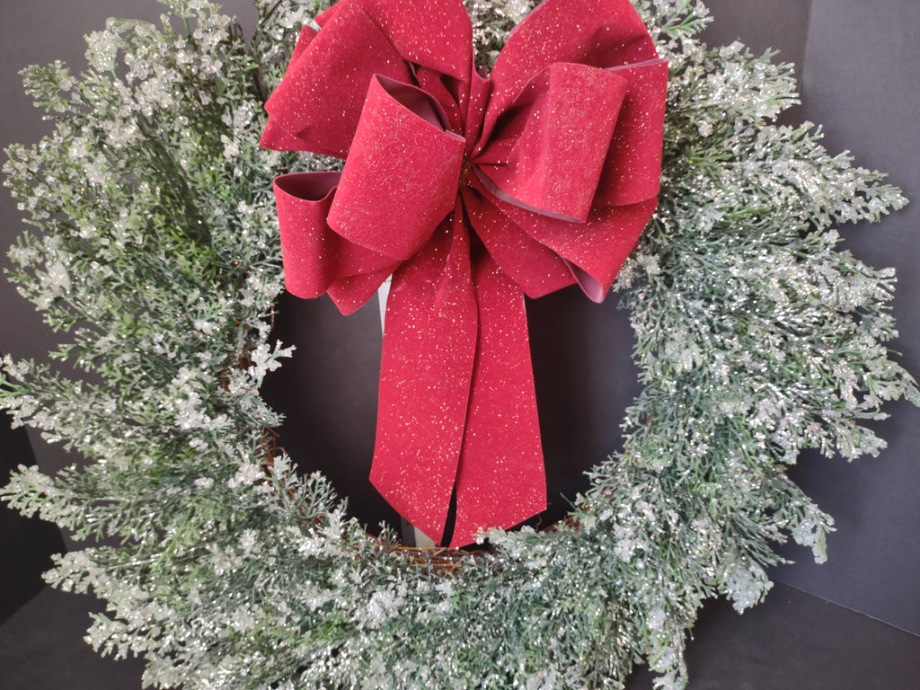 Vintage Christmas Iced Glitter Sparkly Front Door Wreath Red Bow 20" (lot 1176)