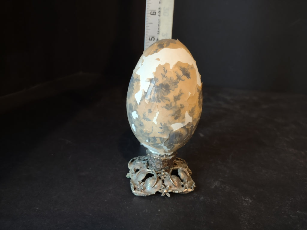 Vintage 4" Easter Egg on Metal Foot Blue Flower Design (lot 5343)