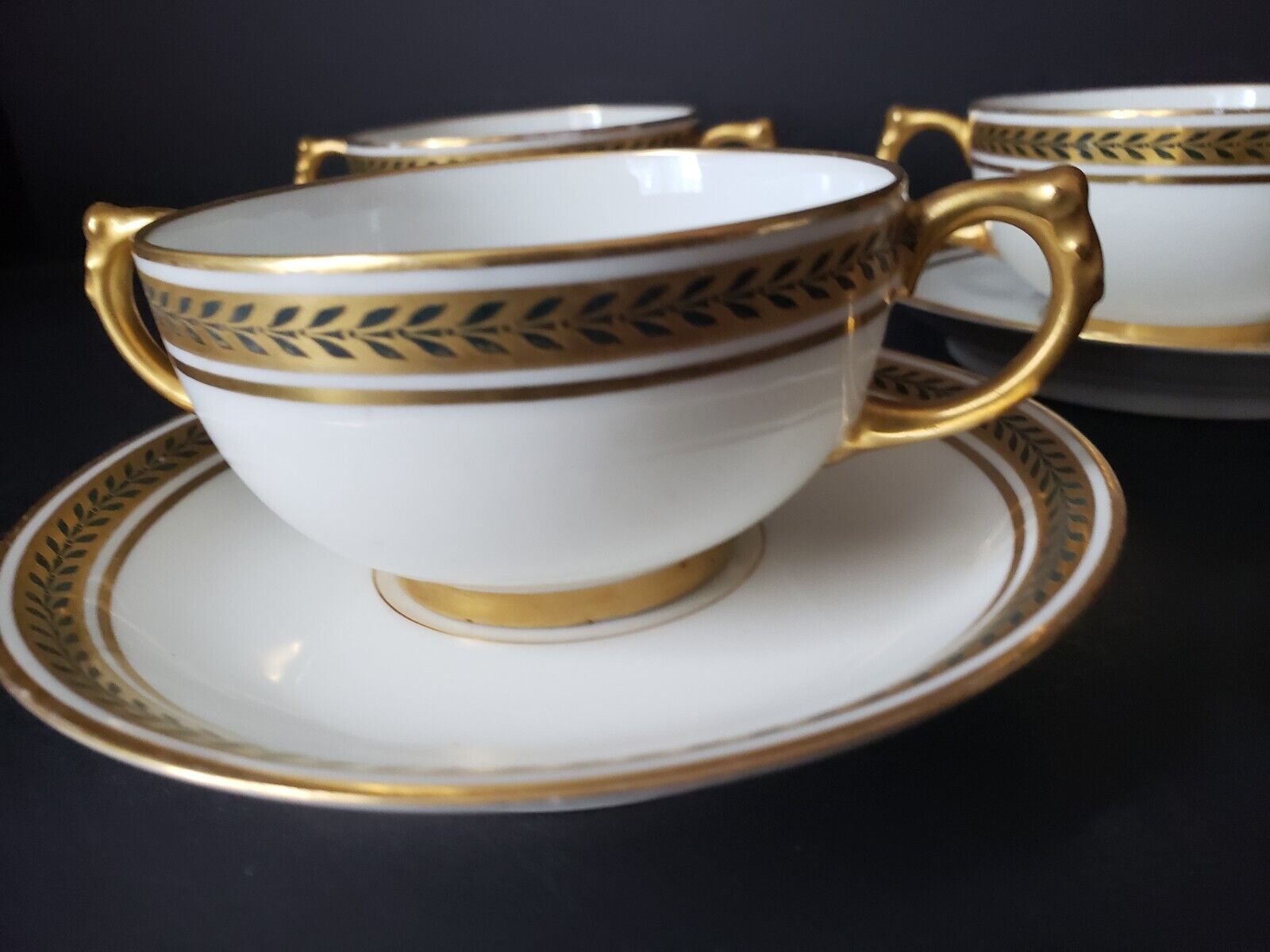 JP Limoges France Gold Trim Green Laurel 3 x Bouillion Cup & Saucer (lot 597)