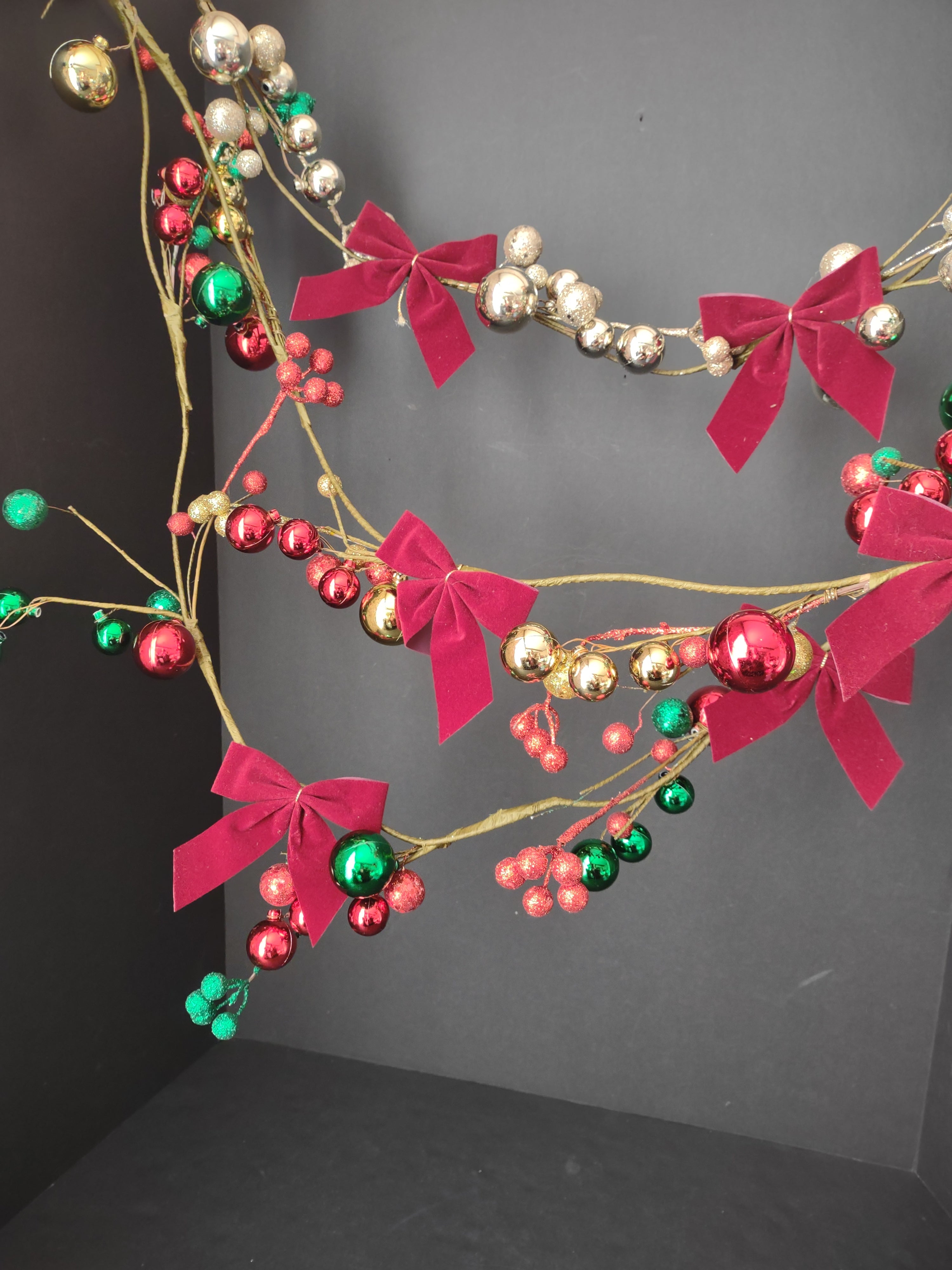 Set 3 Twig Garland 5-1/2 ft Round Ornament Gold Red Green (lot 1268)