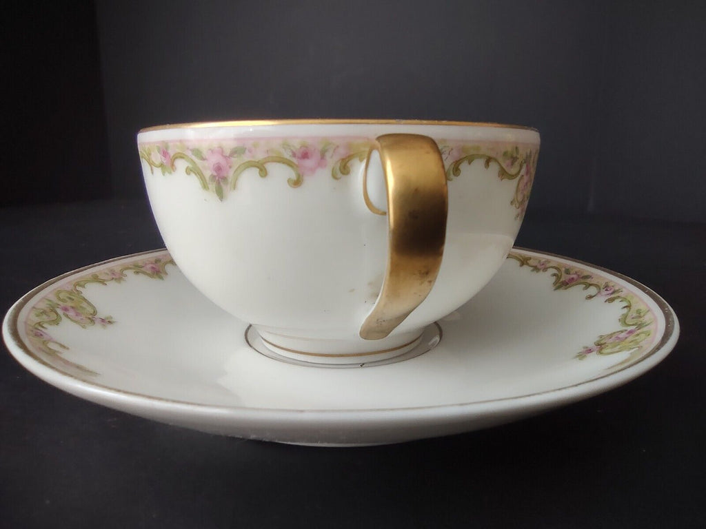 Haviland Limoges Gold Green & Pink Rose Garland Trim Teacup & Saucer (lot 686)