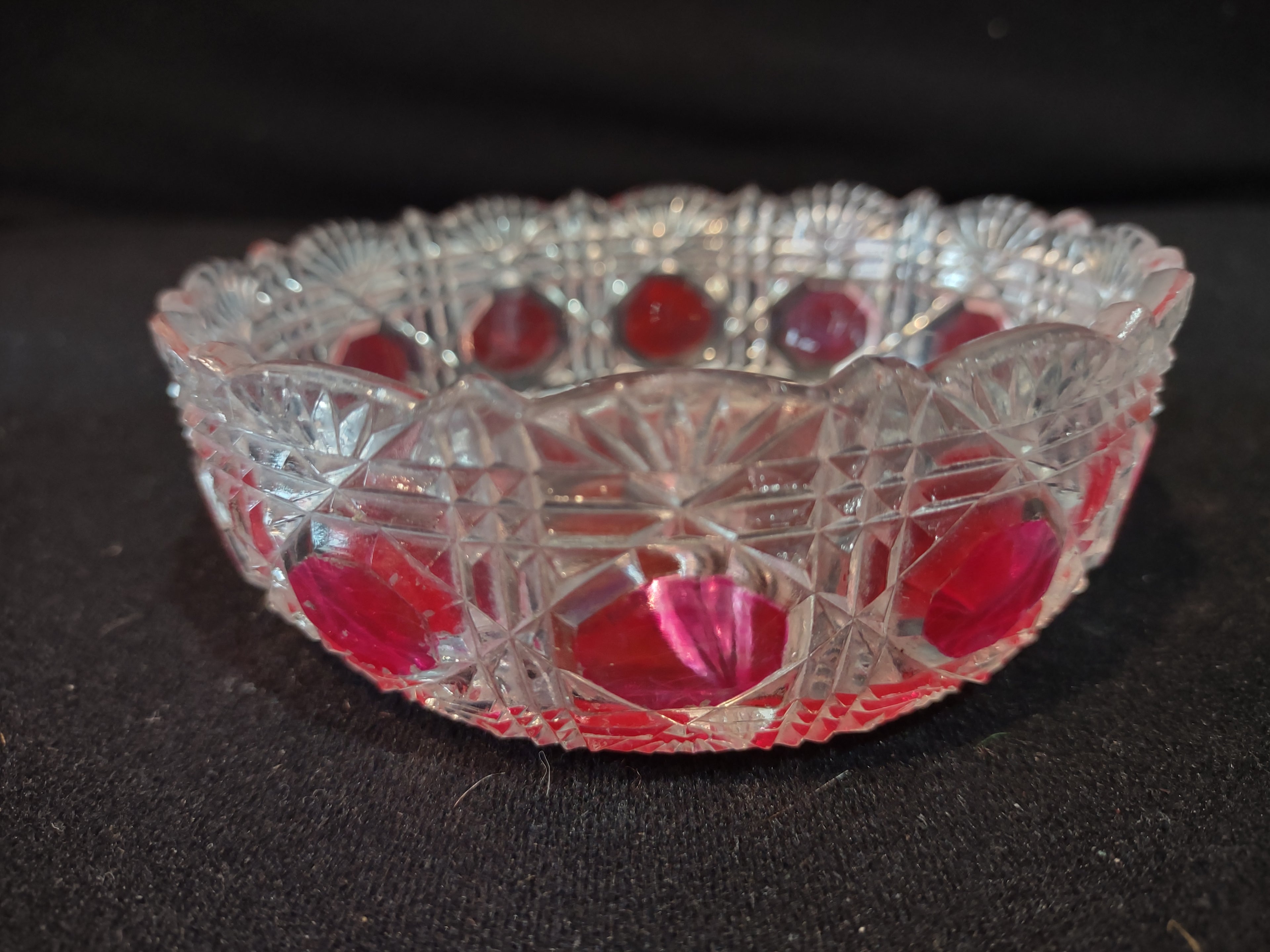 Vintage Glass Candy Condiment Star Bowl Red Geometric Pattern x 2 (Lot 5340)