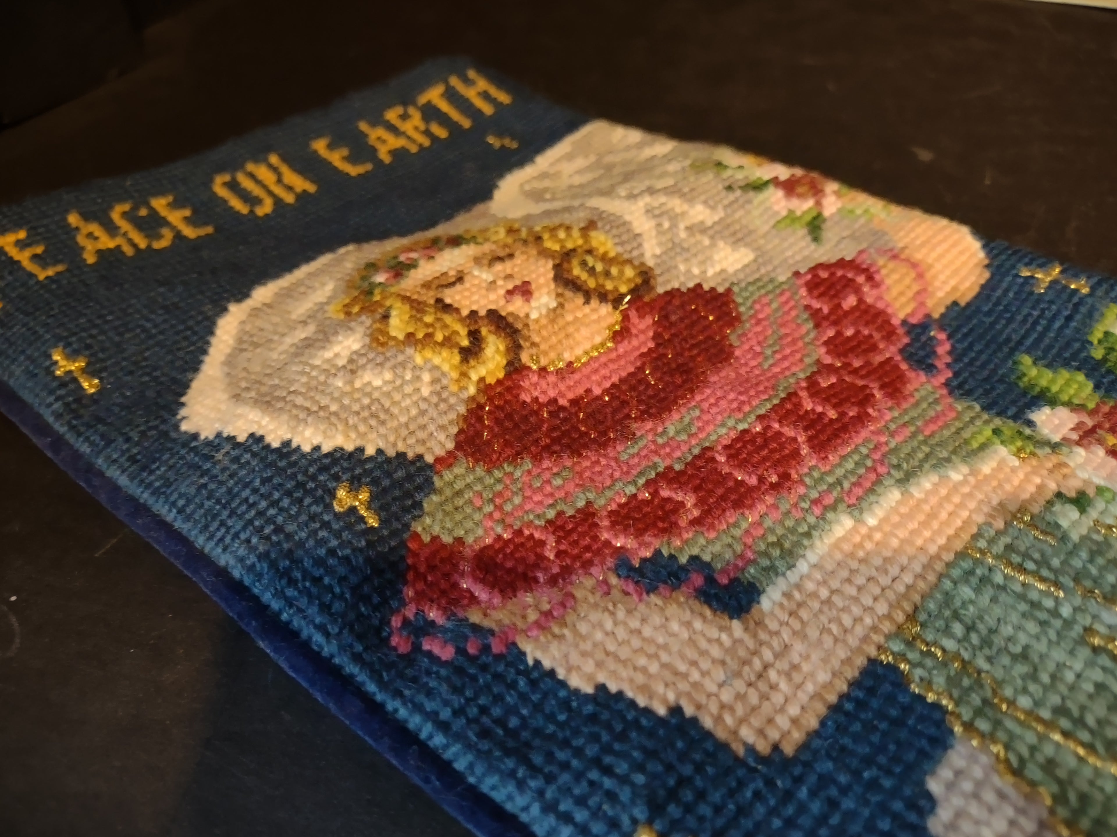 Vintage Wool Needlepoint Peace on Earth Angel Christmas Stocking 16" (lot 3372)