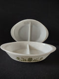 Vintage Glasbake Oval Divided Milk Glass Casserole Green Daisy (lot 5280)