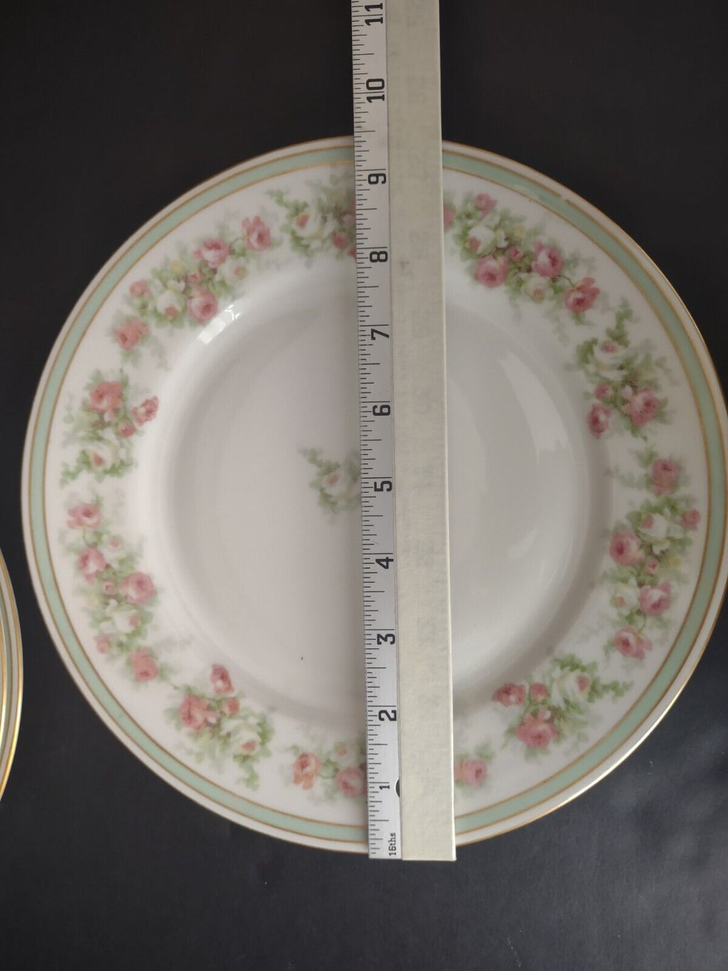 Coronet Limoges France 4 x Dinner Plate Mint Band Gold Trim Pink Rose (lot 550)