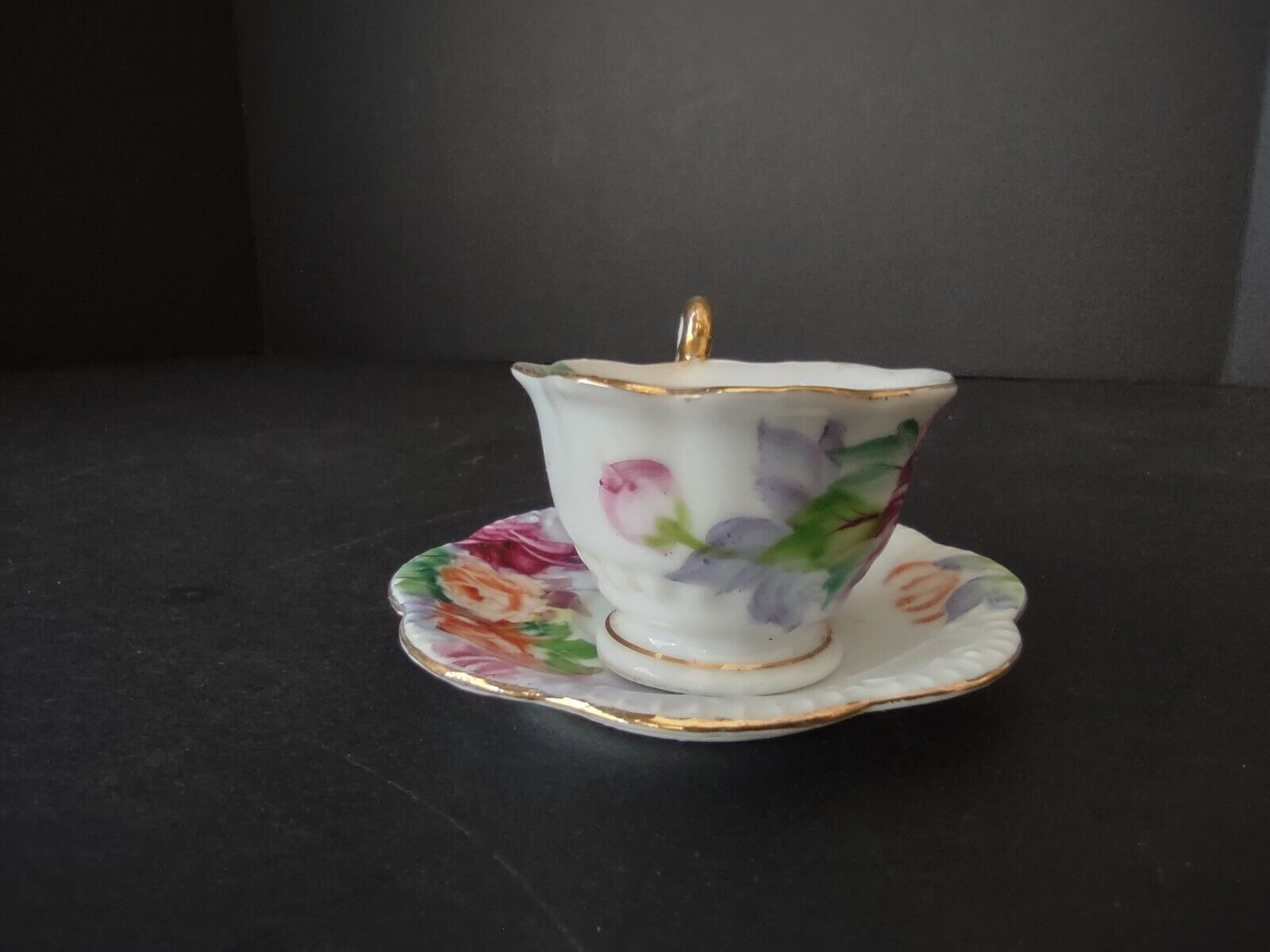 Japan Miniature 1-3/8" Teacup & Saucer Pink Orange Purple Rose (lot 726)