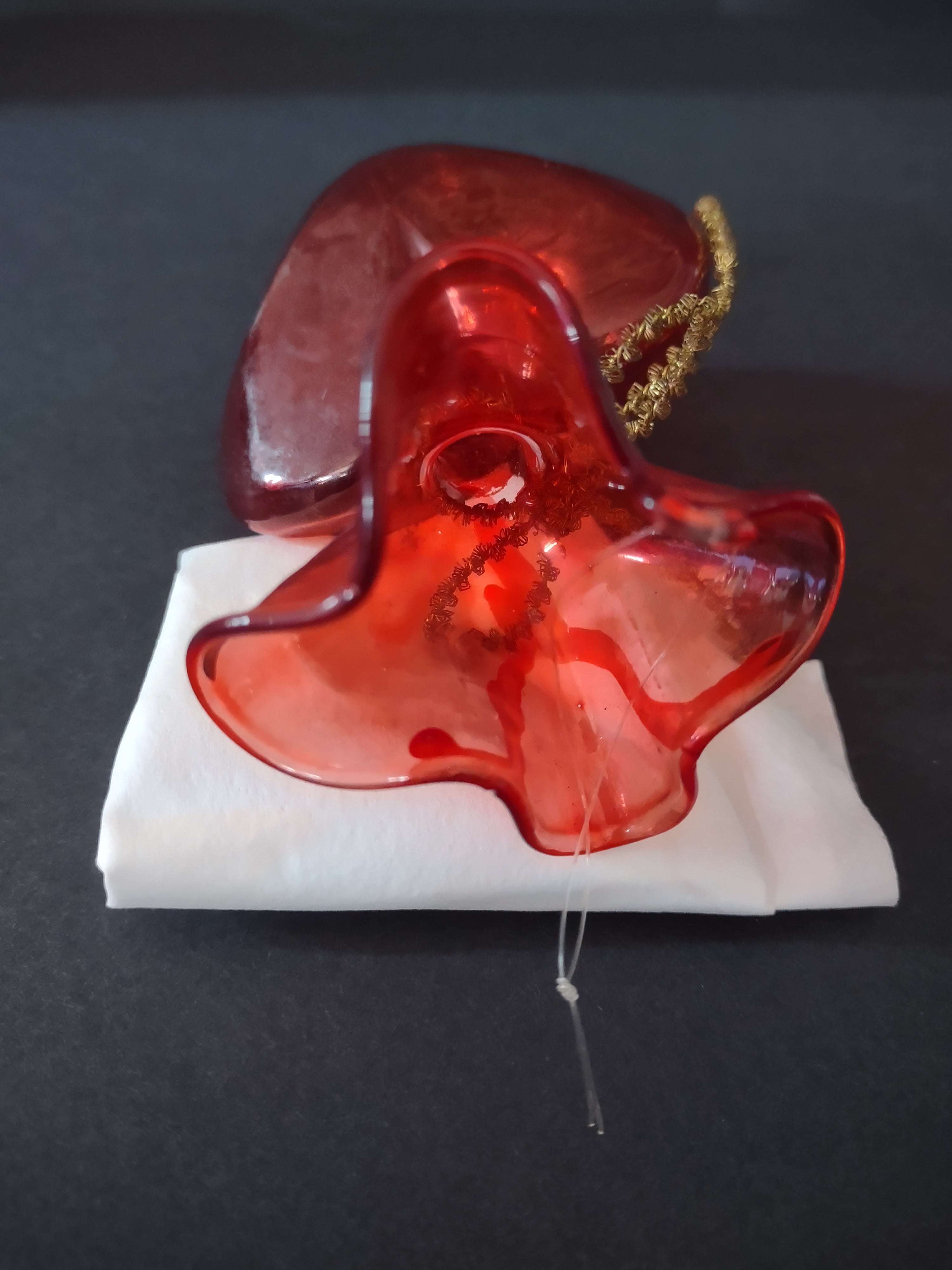 Vintage Valentine Translucent Red 3D Heart Pouch Ornament Glass (Lot 4747)